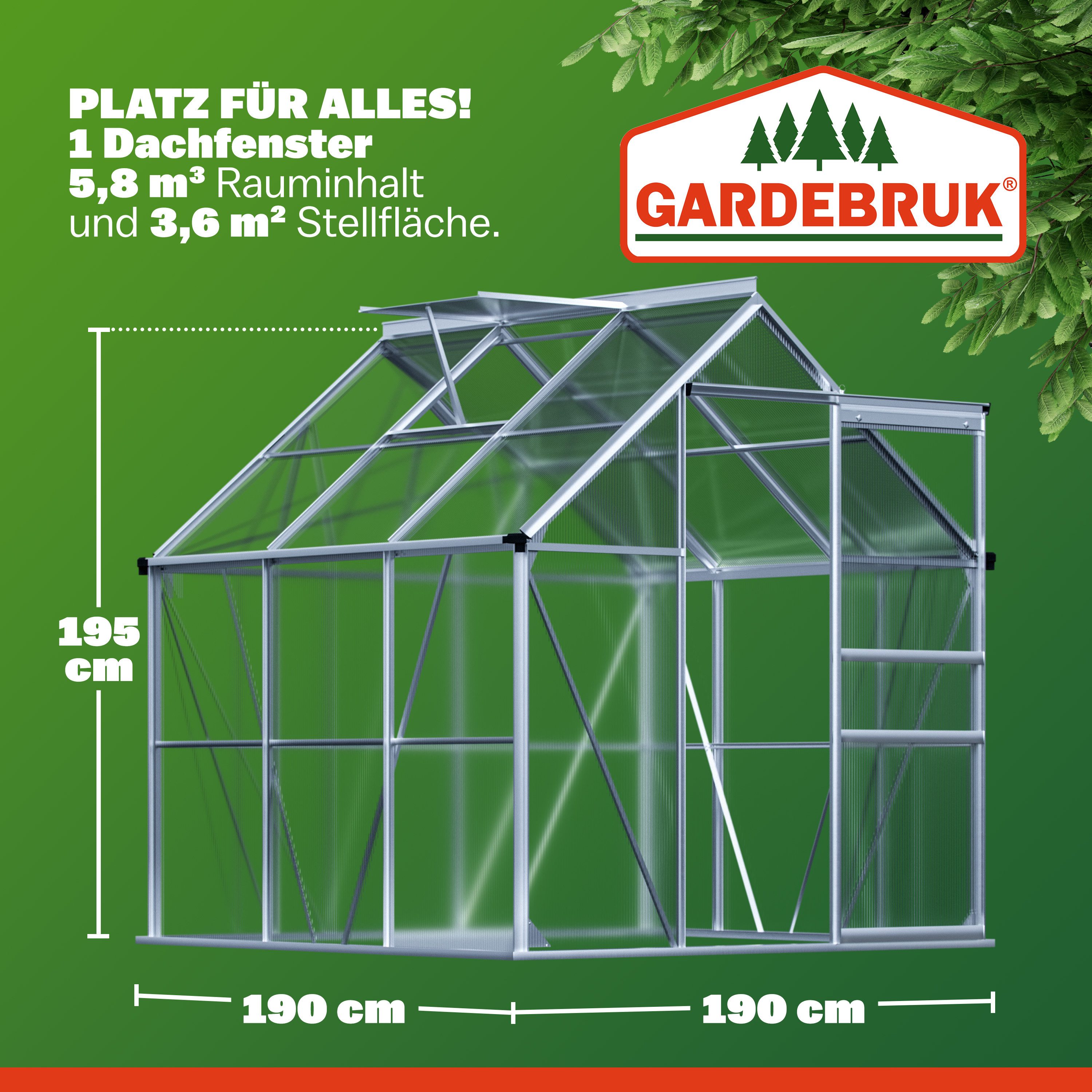 Gardebruk Gewächshaus, Aluminium 3,6m² 190x190cm inkl. Dachfenster Treibhaus Gartenhaus
