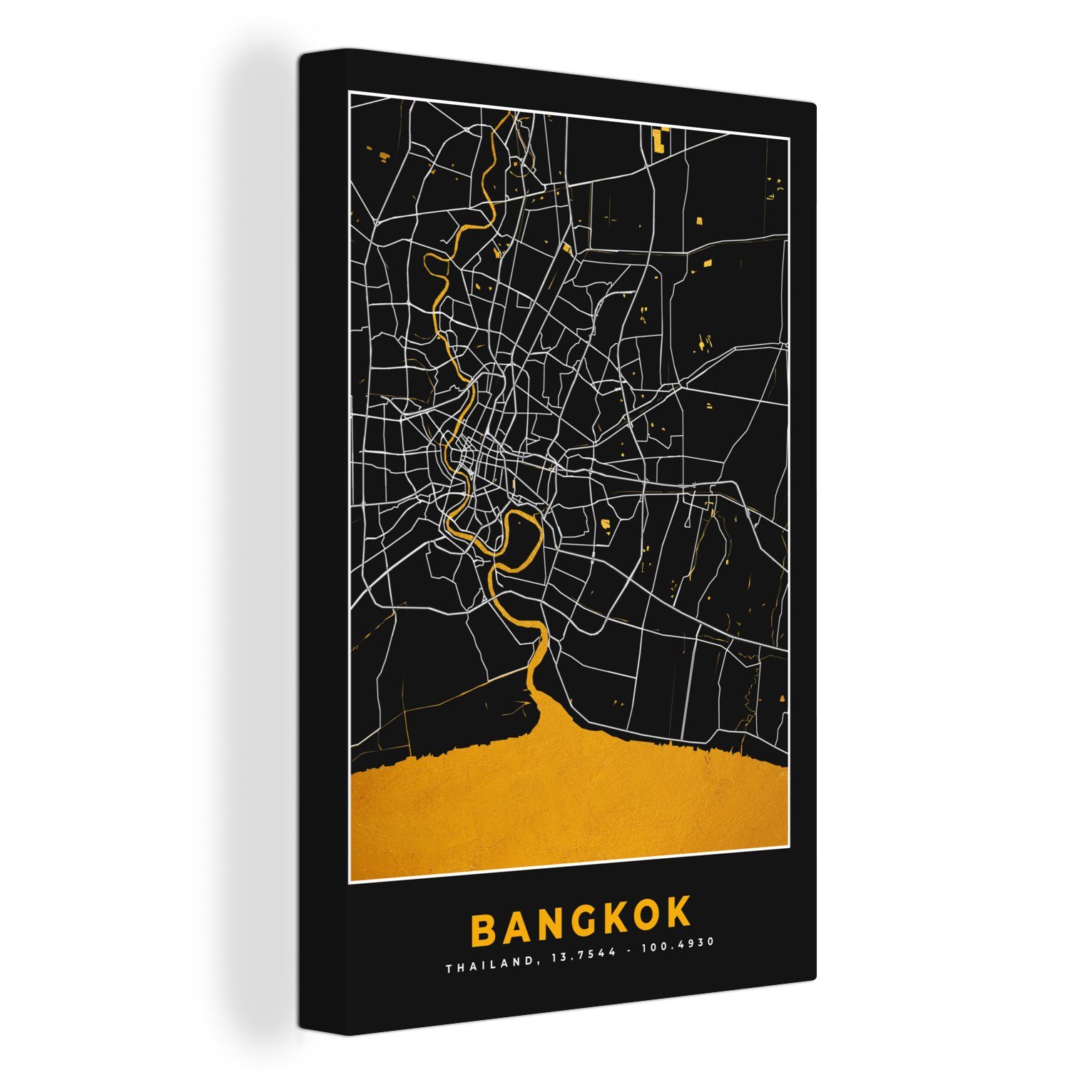 St), - Leinwandbild Stadtplan, OneMillionCanvasses® 20x30 - bespannt Karte Gold Zackenaufhänger, - cm Gemälde, fertig inkl. Bangkok Leinwandbild (1