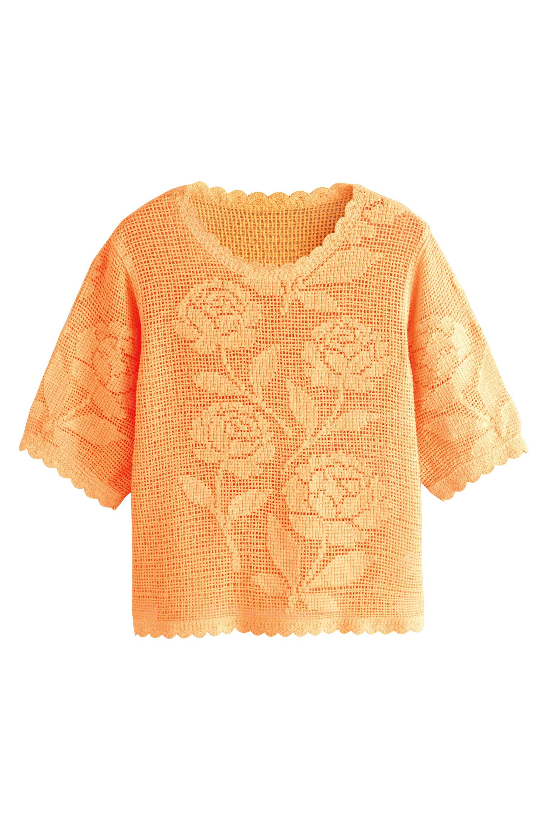 Next Kurzarmpullover T-Shirt mit gehäkeltem Ausschnitt (1-tlg)