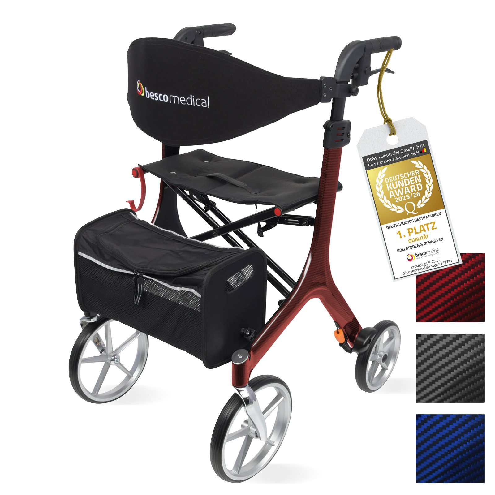 bescomedical Rollator CARBON - Premium Leichtgewichtrollator - faltbar & höhenverstellbar, ultra leichte Gehhilfe - mit Rückengurt, Netztasche und Stockhalter