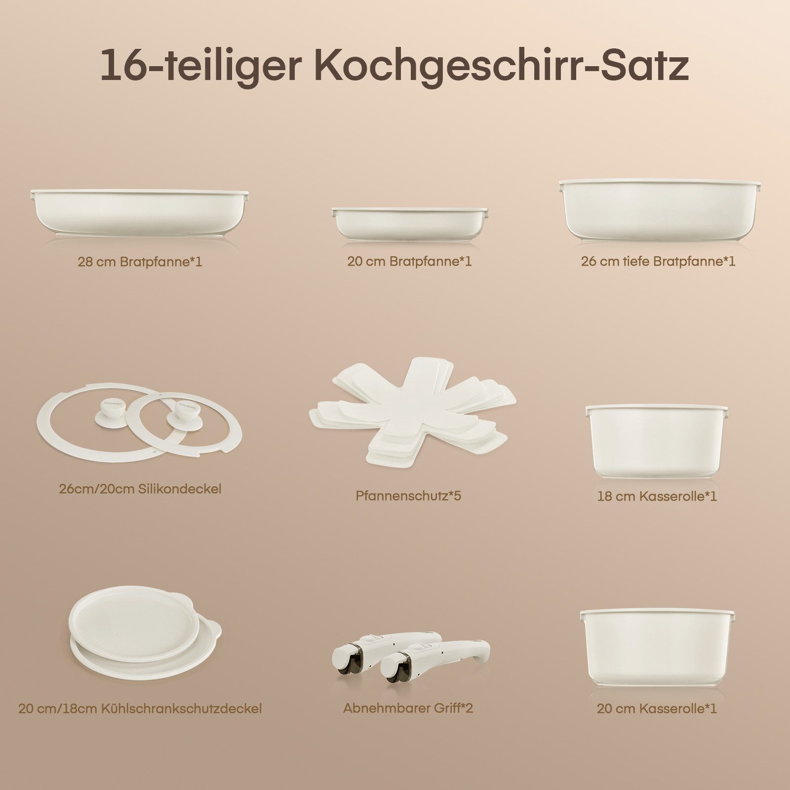 FOHERE Topf-Set Töpfe und Pfannen Kochgeschirr-Set mit abnehmbaren Griffen 16 teiliges, (16-tlg)