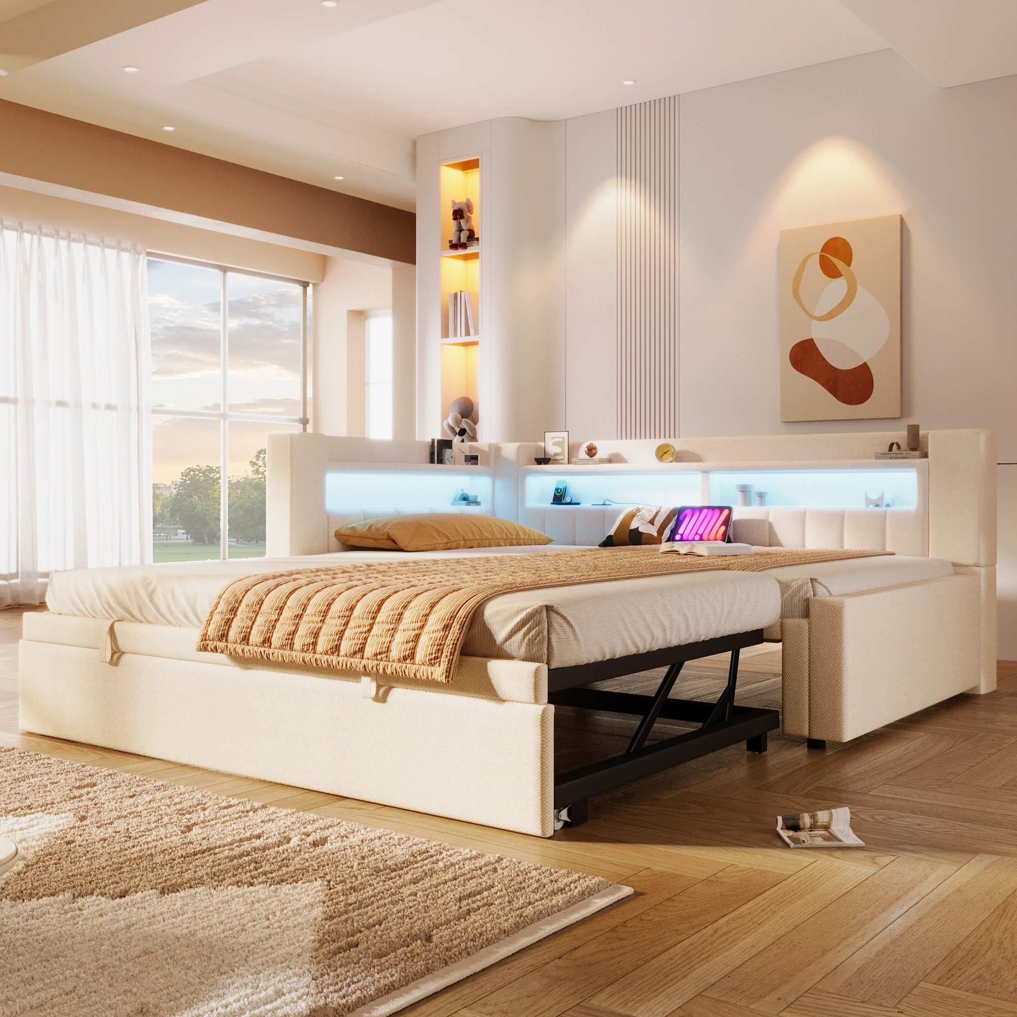 Merax Daybett 90x200cm/180x200cm mit LED-Beleuchtung, USB & Typ-C (Sofabett Jugendbett Einzel- & Doppelbett, 1 tlg), Tagesbett mit Ausziehbett und Staufächern,Schlafsofa,Doppelbett,Leinen