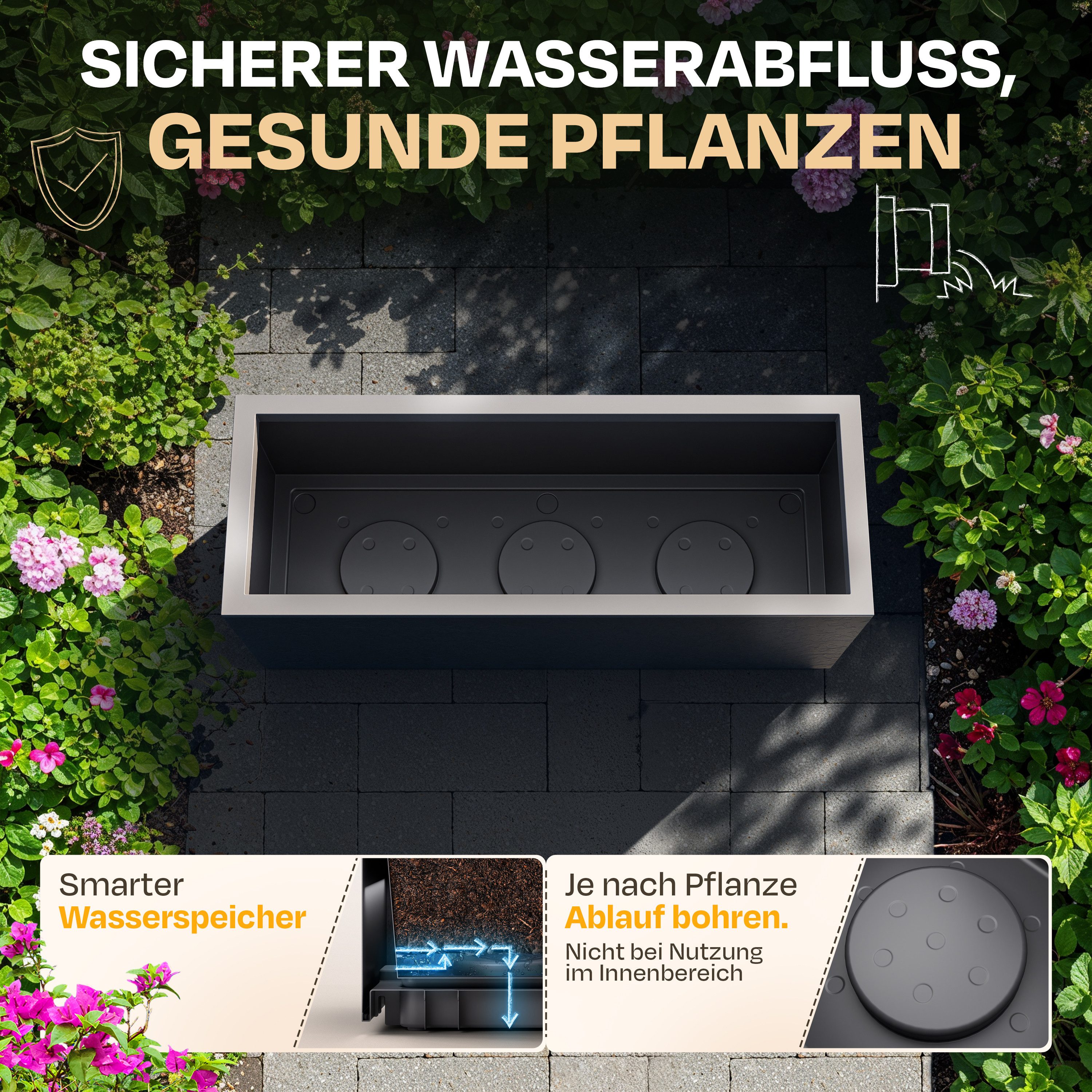ONDIS24 Blumenkasten Vulkan 57L Gestein/Basalt Optik mit Wasserspeicher Pflanzenkasten, 79.5 x 29.5 x 29.5 (H) cm