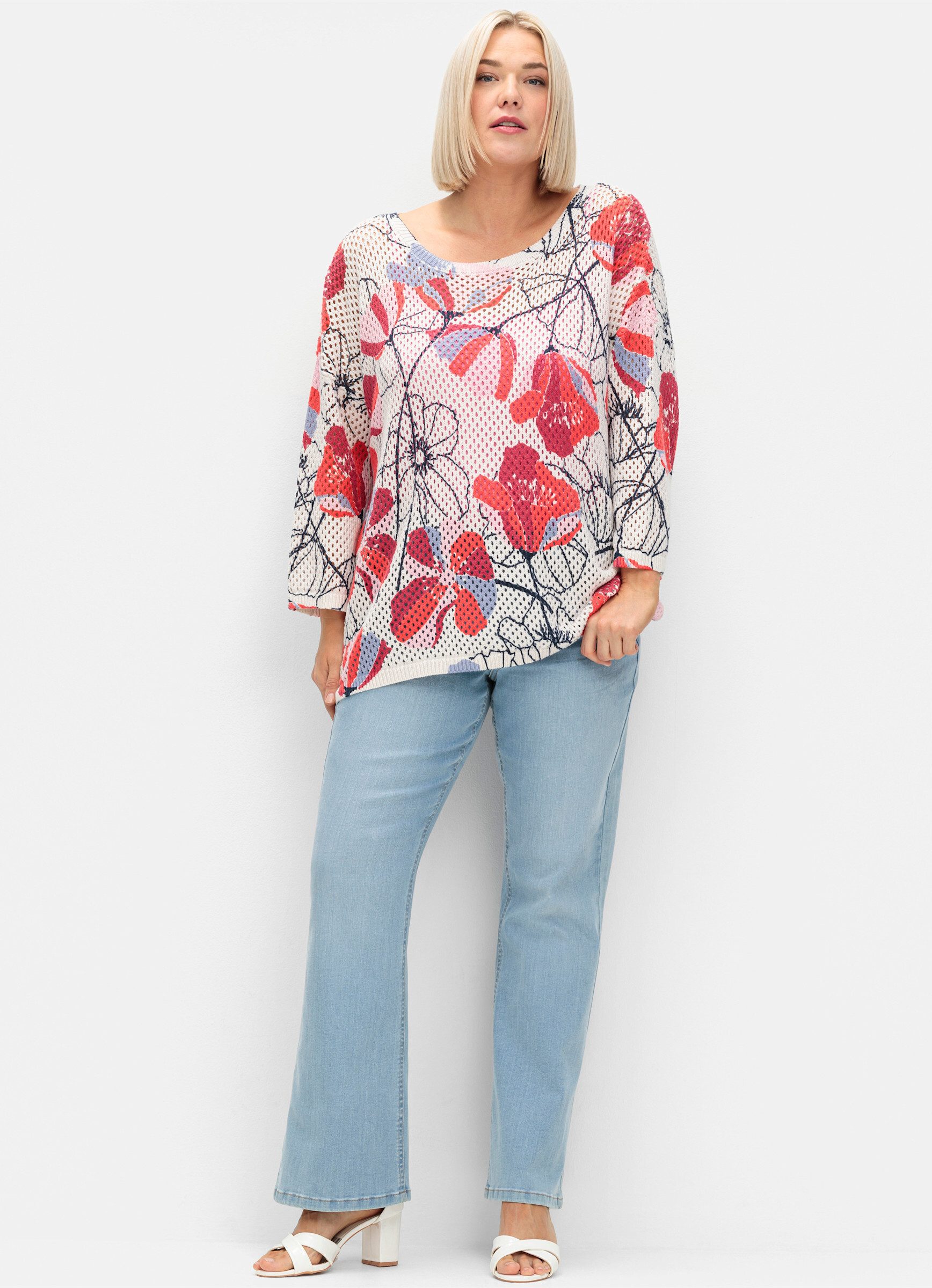 Sheego Strickpullover Pullover 3/4-Arm im Ajourstrick, mit Blumenmuster günstig online kaufen