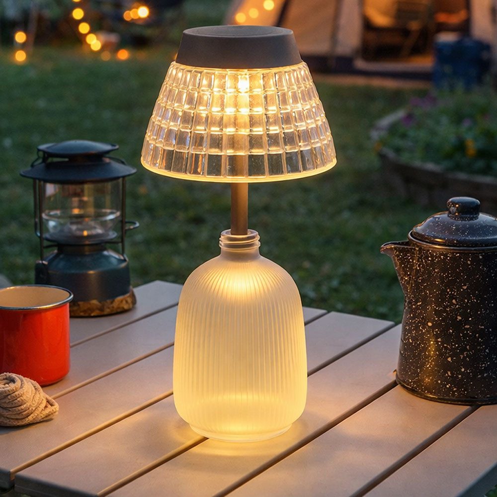 GLOBO LIGHTING Außen-Tischleuchte, Leuchtmittel nicht inklusive, Warmweiß, Solarleuchte Tischlampe Tischleuchte Gartenlampe Akku Glas satiniert