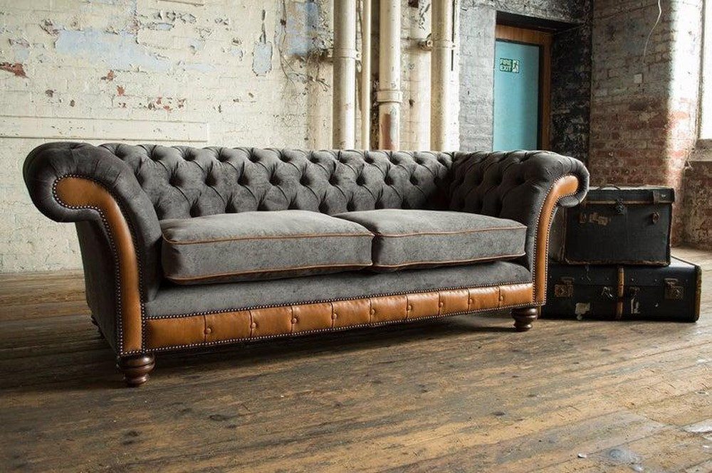 JVmoebel Chesterfield-Sofa Elegante graue Couch aus Leder und Textil im Chesterfield-Stil, Set, Made in Europa