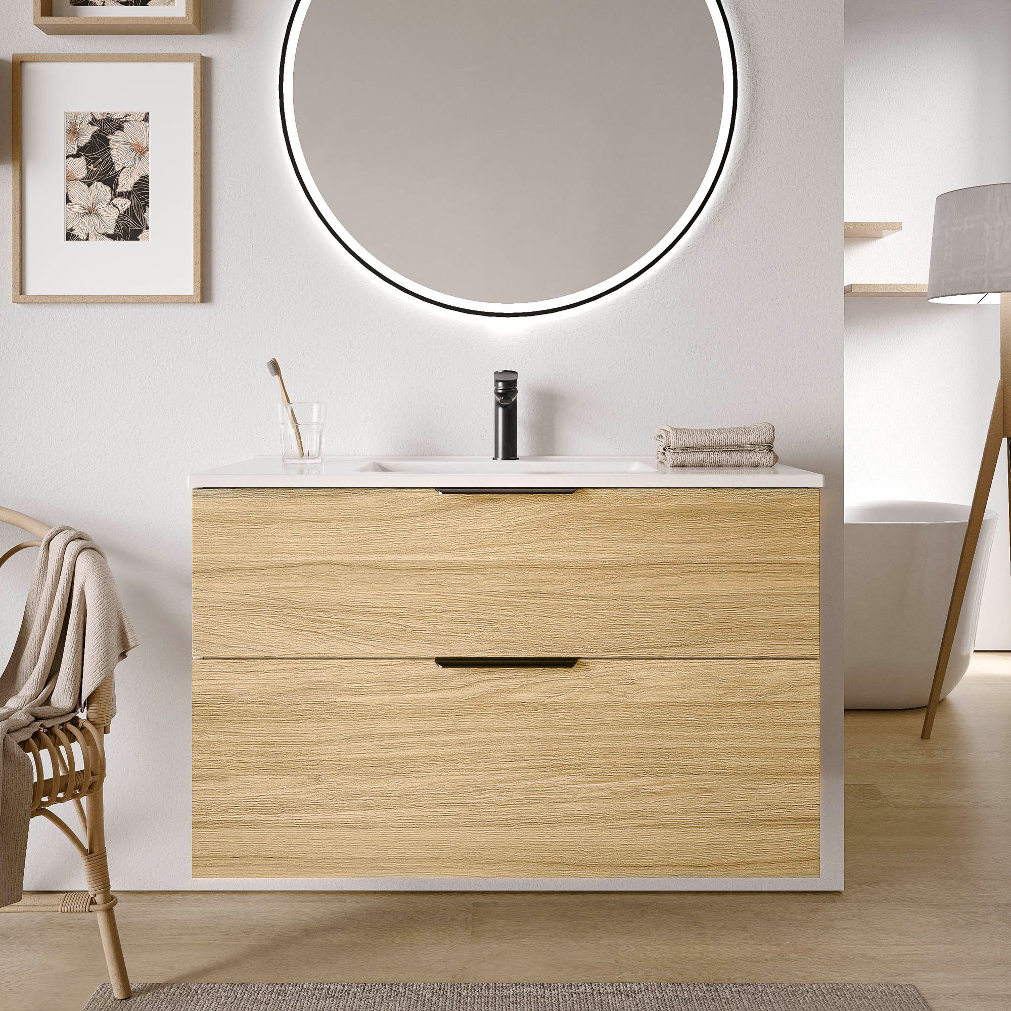 Bernstein Waschtisch-Set TIM 100, (Waschtisch-Set, 2-St., Waschtischunterschrank; Waschbecken), Waschbecken; Mit 1 Hahnloch; Mit Überlauf; Soft-Close