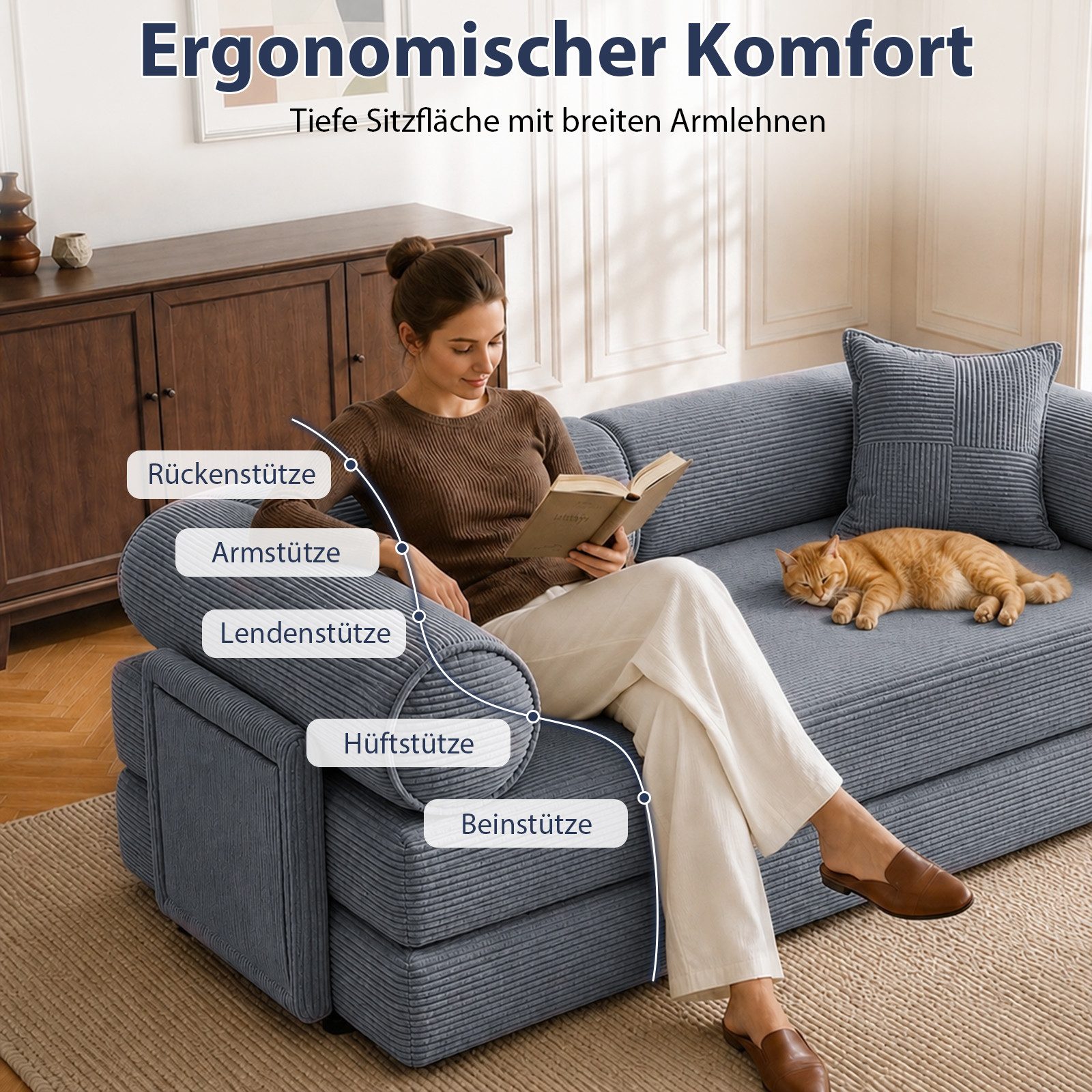 Hoolamyie Sofa 6-in-1 Cord Schlafsofa mit Schlaffunktion, 200 cm breit, 2-Sitzer, Modulares Sofa, ohne Montage, komprimiert verpackt, bis 200 kg – Bild 3 von 5