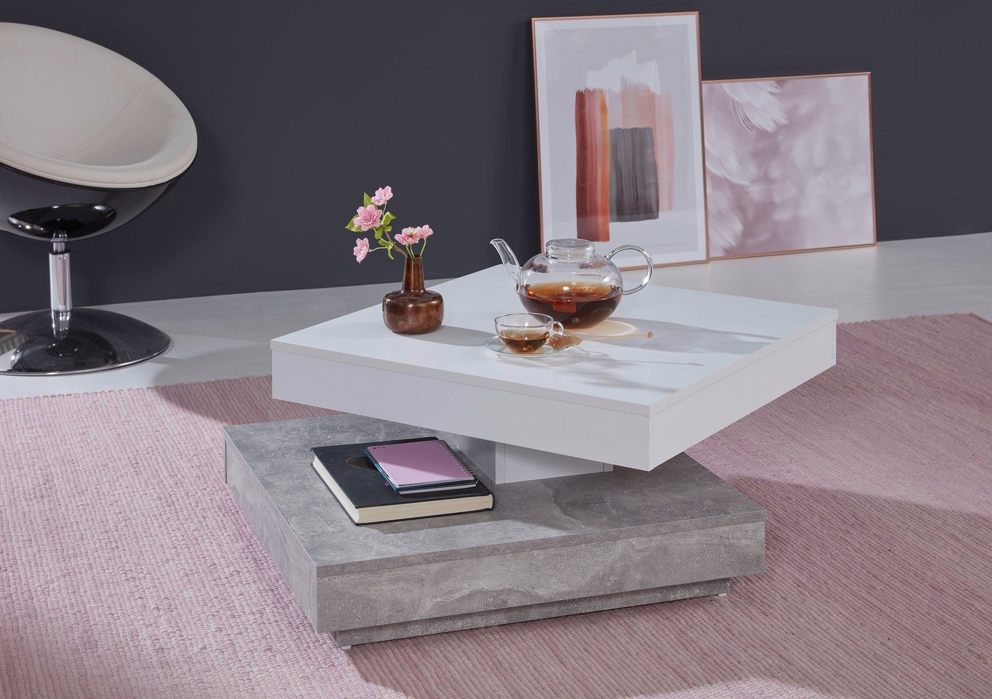 trendteam Couchtisch Malta, Weiß Beton Wohnzimmertisch Modern Landhaus Vintage Sofatisch Wohnzimmer