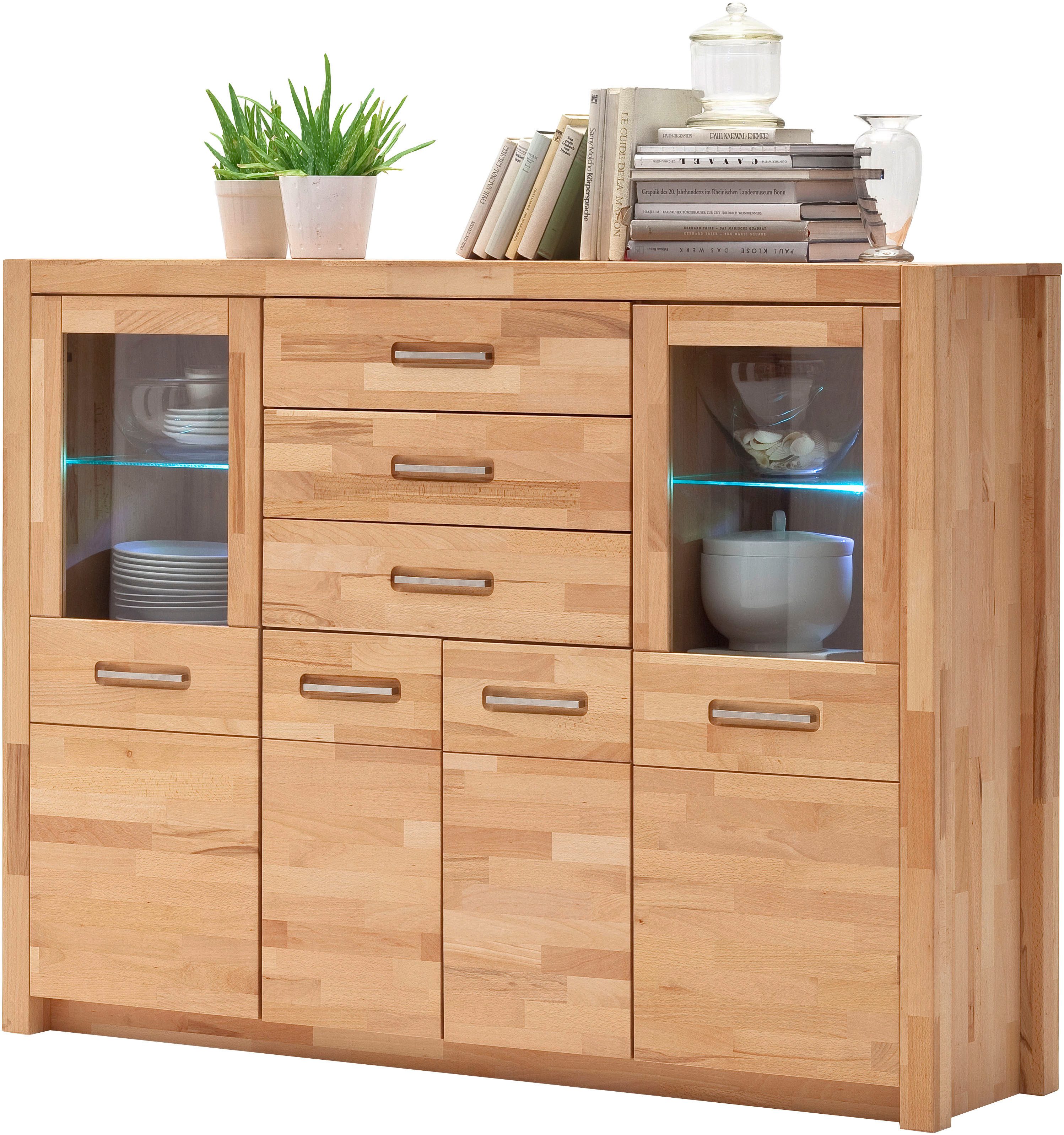 MCA living Highboard Fenja Schrank, Hochschrank, Hochkommode, Breite 163 cm (Set, 1 St., 1 Stück), Massivholz, 3 Schubkästen, 4 Türen, Made in Europe