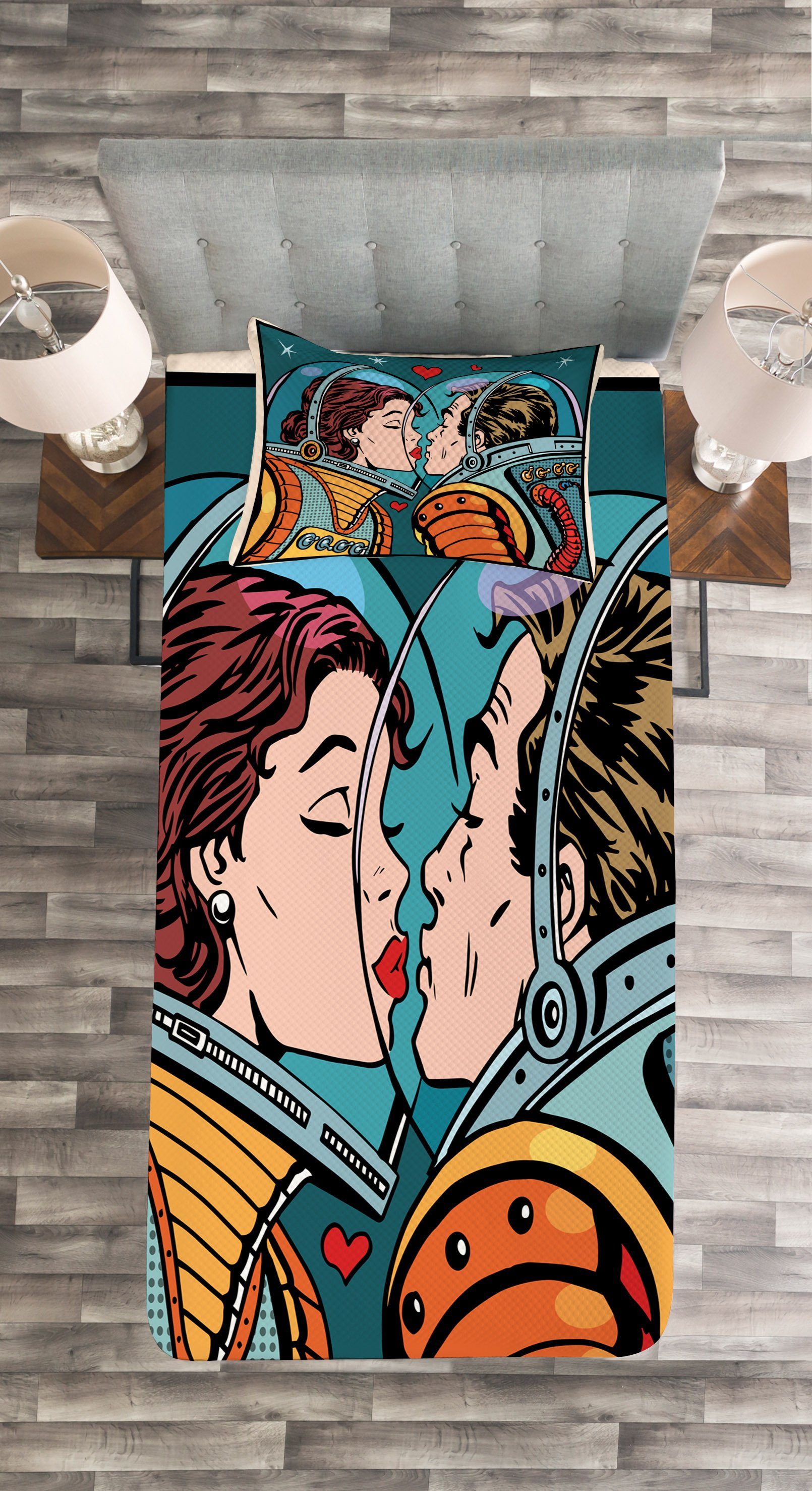 Space Waschbar, mit Set Abakuhaus, Kissenbezügen Tagesdecke Cartoon in Kuss Liebe
