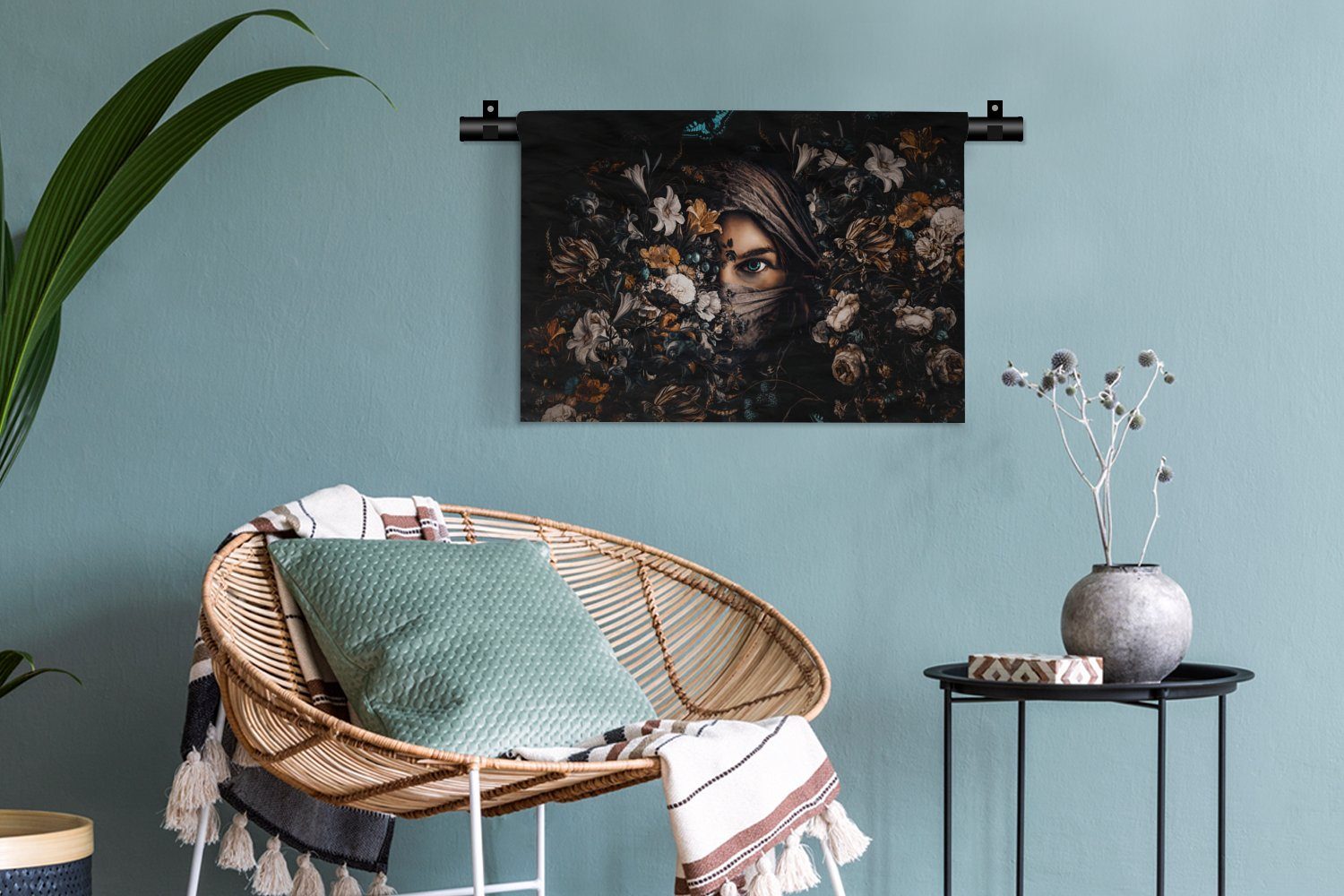 - Wanddekoobjekt MuchoWow Frau - Kleid, - Luxus Wanddeko Wandbehang, Schlafzimmer, Kinderzimmer - Blumen Wohnzimmer, für Schmetterling Porträt,