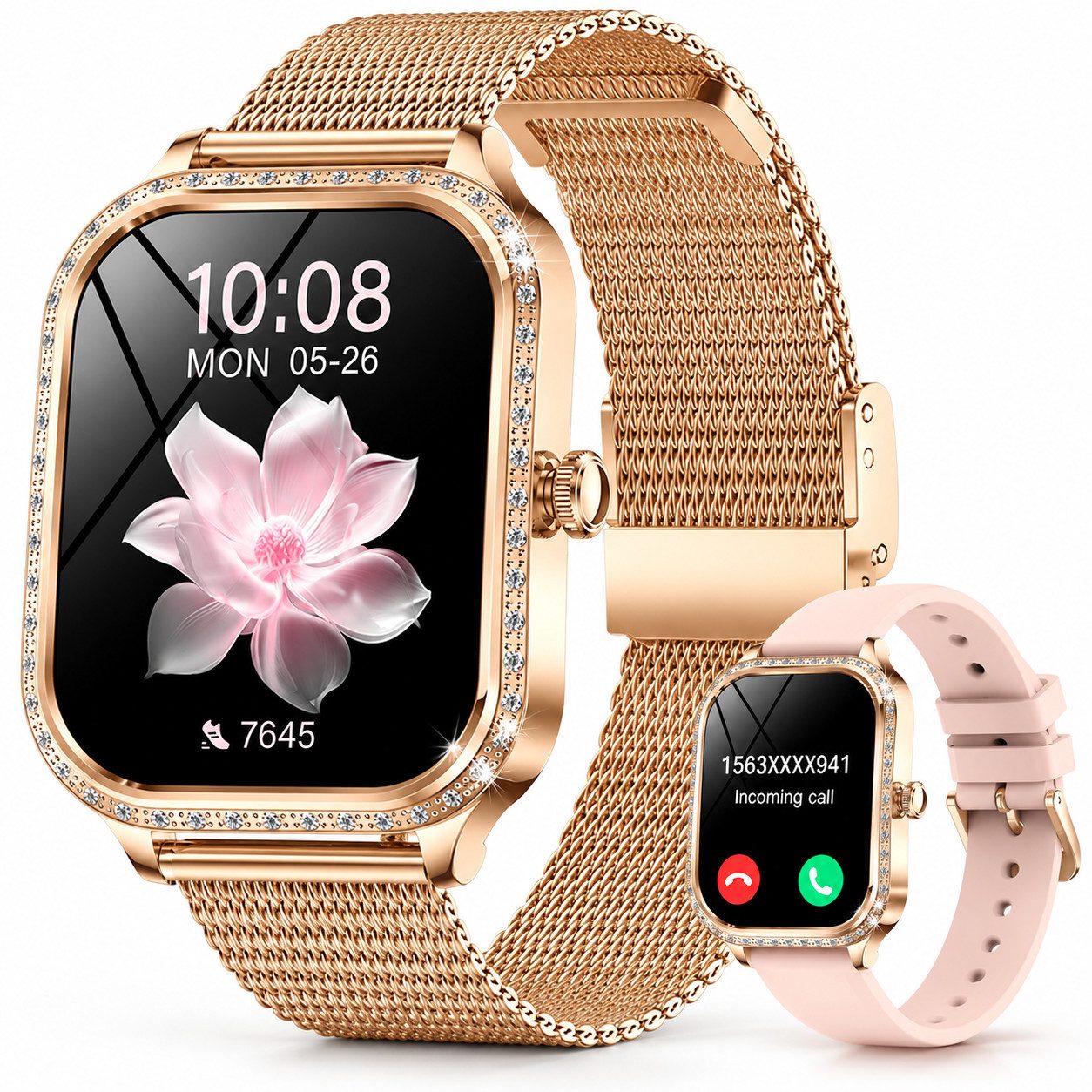 Forrlite Smartwatch Damen mit Telefonfunktion, 1,75 Zoll Display Smartwatch (4,45 cm), Elegante Fitnessuhr mit 100+ Sportmodi, IP68 & 2 Armbändern, Elegantes Damen-Design mit Bluetooth-Anrufen