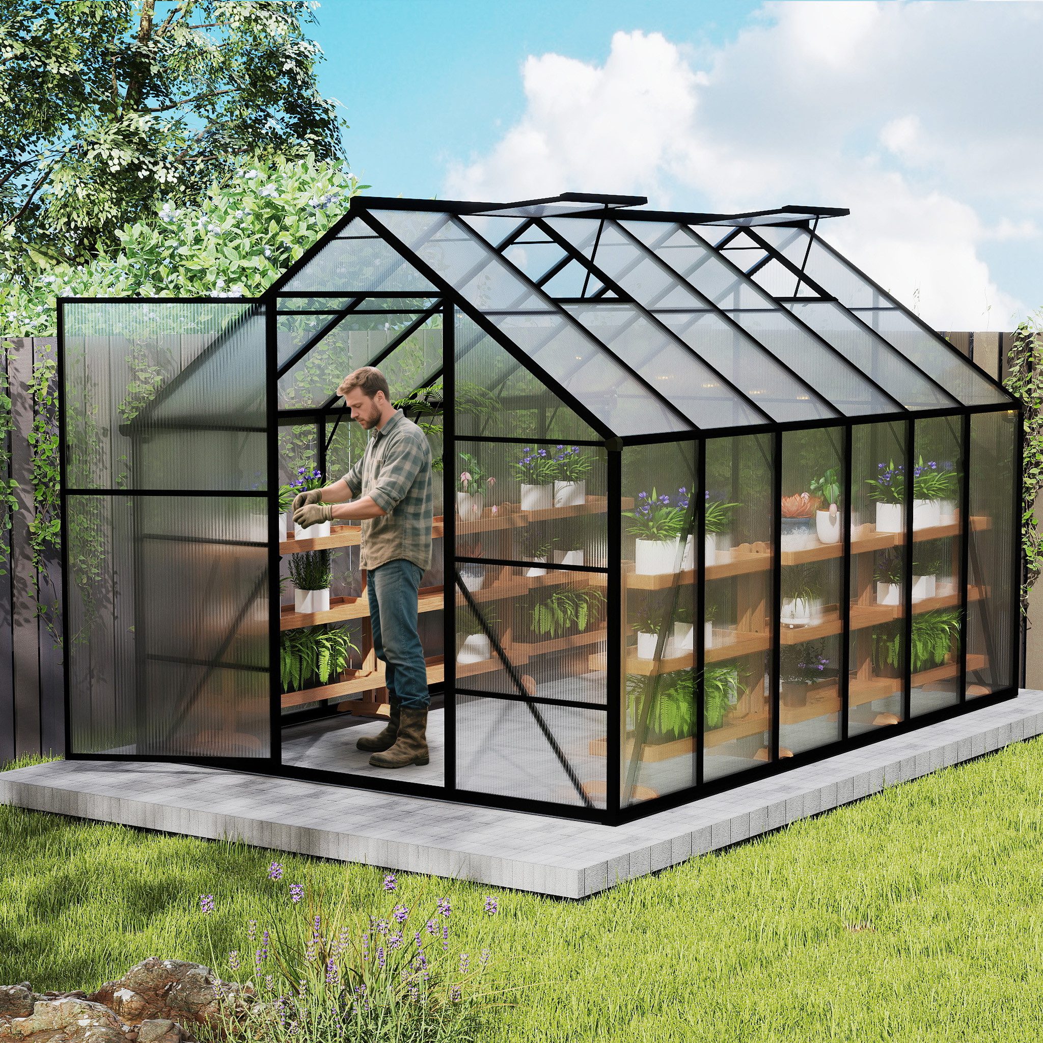 FIVMEN Gewächshaus Premium Gartengewächshäuser Aluminium mit 6 cm Fundament, 4 mm PC Platte Treibhaus Tomatenhaus Gartenhaus UV beständig