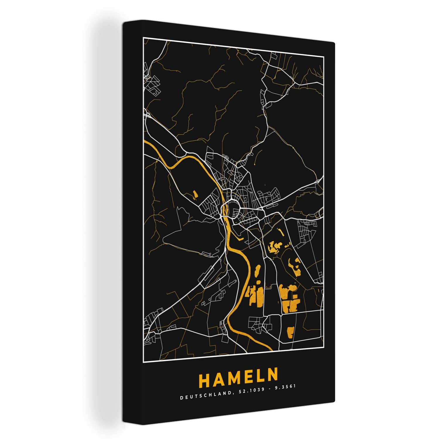 OneMillionCanvasses® Zackenaufhänger, - cm Leinwandbild 20x30 (1 inkl. Stadtplan bespannt Hameln - Schwarz St), Deutschland Karte, - und Gold Leinwandbild - fertig Gemälde,