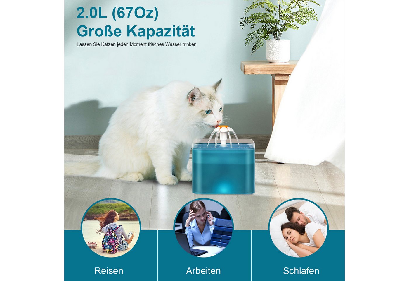 Thumbnail - OKWISH Trinkbrunnen LED Wasserbrunnen Katzenbrunnen Katzentrinkbrunnen Lichttrinkbrunnen 2 l, 2L Automatisch Wasserspend...