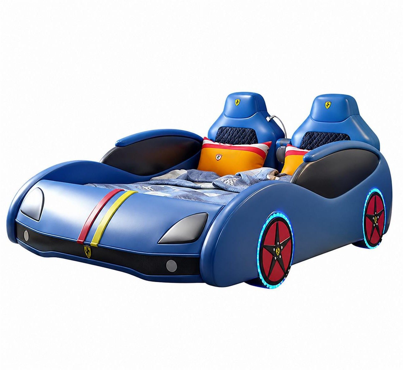 Xlmoebel Autobett Blaues Kinder-Autobett mit LED-Lichtern und Bluetooth-Speaker, Made in Europa