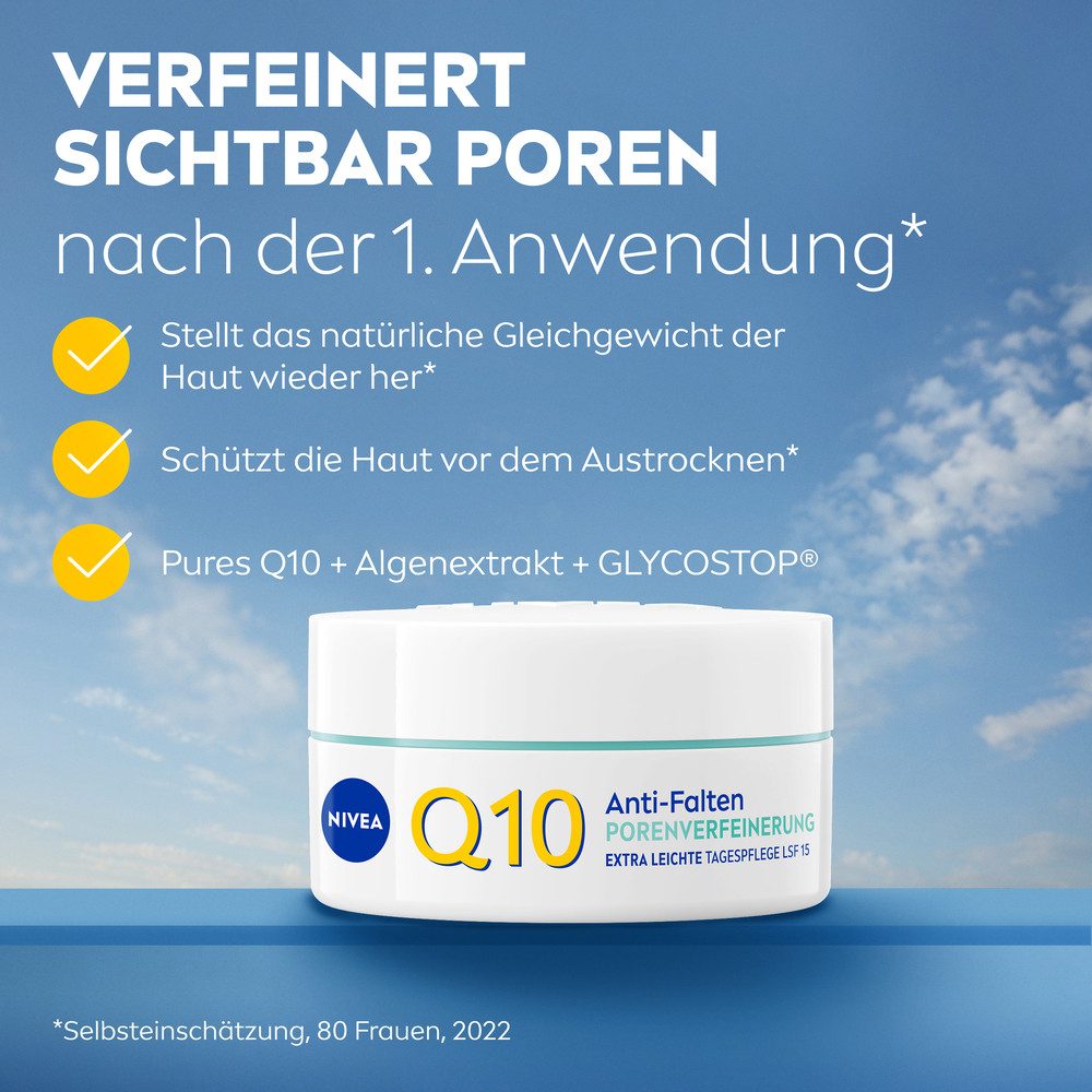 Nivea Tagescreme Q10 ANTI-FALTEN PORENVERFEINERUNG TAGESPFLEGE LSF 15, reduziert Falten und strafft die Haut fühlbar