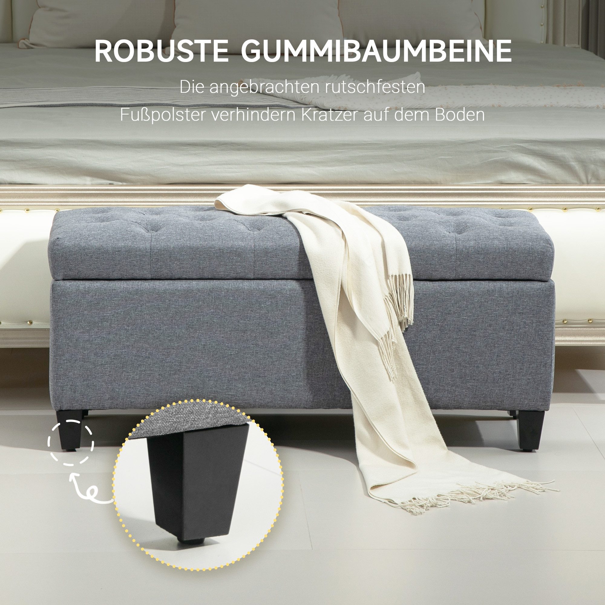 OKWISH Polsterbank 100x40x44cm in Hellgrau, leinenartiges Polyester & Gummiholz (Packung, 1-St., mit Stauraum & Truhenbank für Flur & Schlafzimmer, praktisch & stabil), Vielseitige Sitzgelegenheit für Wohnzimmer, Flur & Bettende