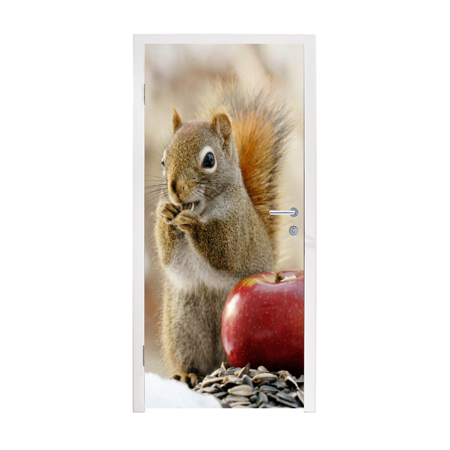 Apfel St), für - Eichhörnchen Türaufkleber, (1 cm Matt, Tür, Blumensamen Schnee, Türtapete 75x205 MuchoWow - bedruckt, - Fototapete