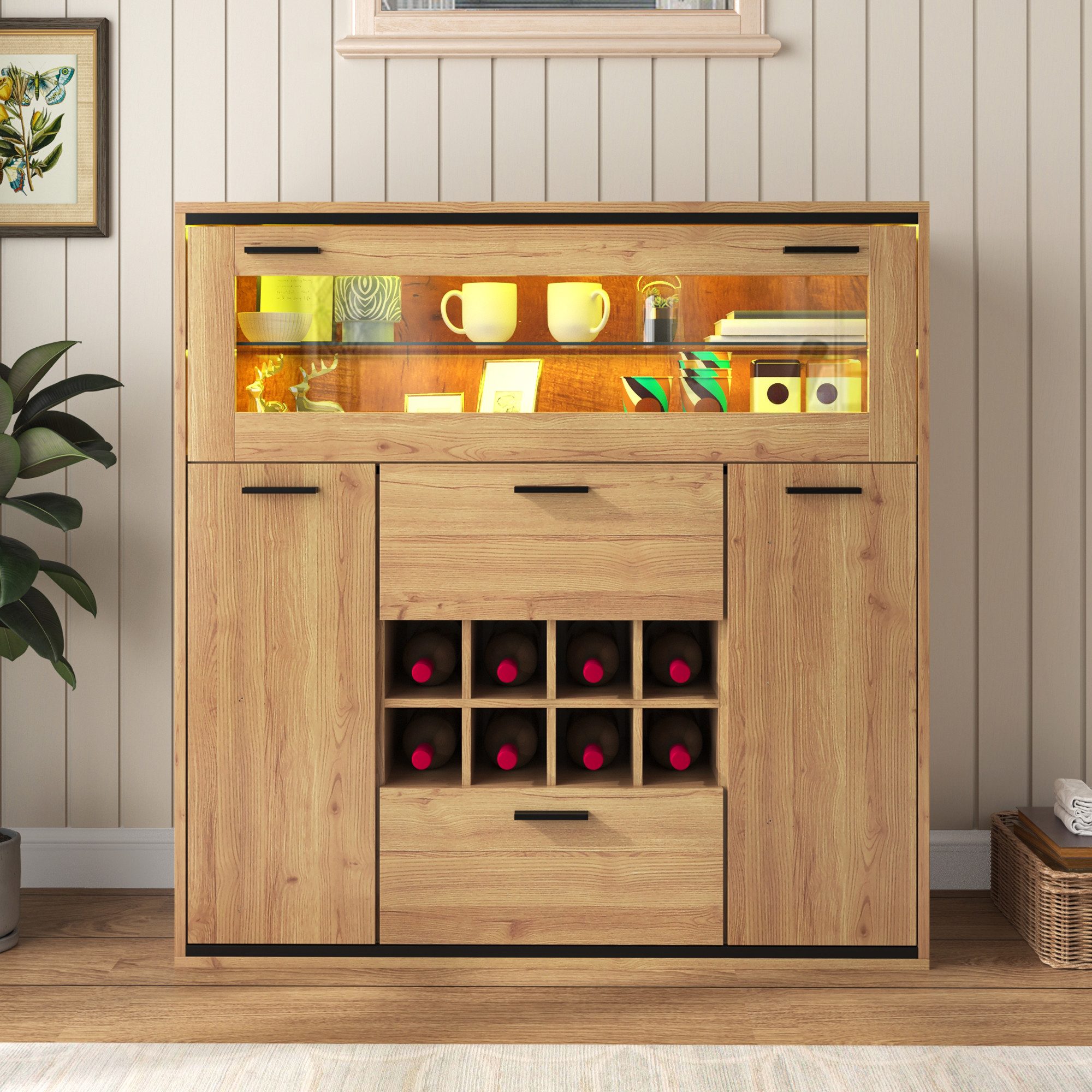 MC Star Sideboard Sideboard, Eleganter Weinschrank mit Doppeltüren (Glasregal und Weinhalterung - Perfekte Aufbewahrung in einem stilvollen Sideboard)