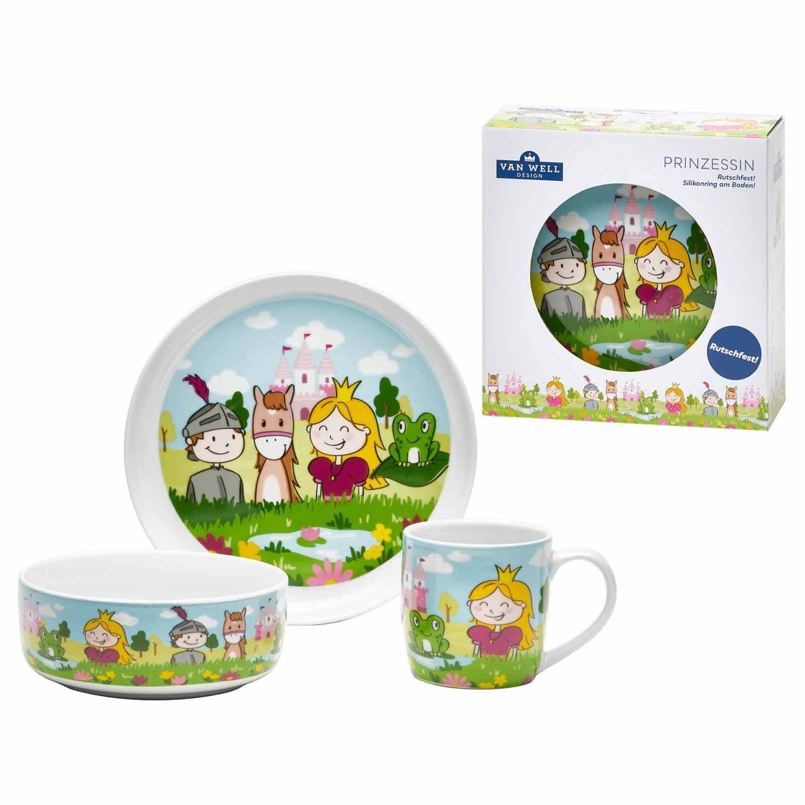 van Well Kindergeschirr-Set Prinzessin Kindergeschirr Set 3er Set (3-tlg), Porzellan