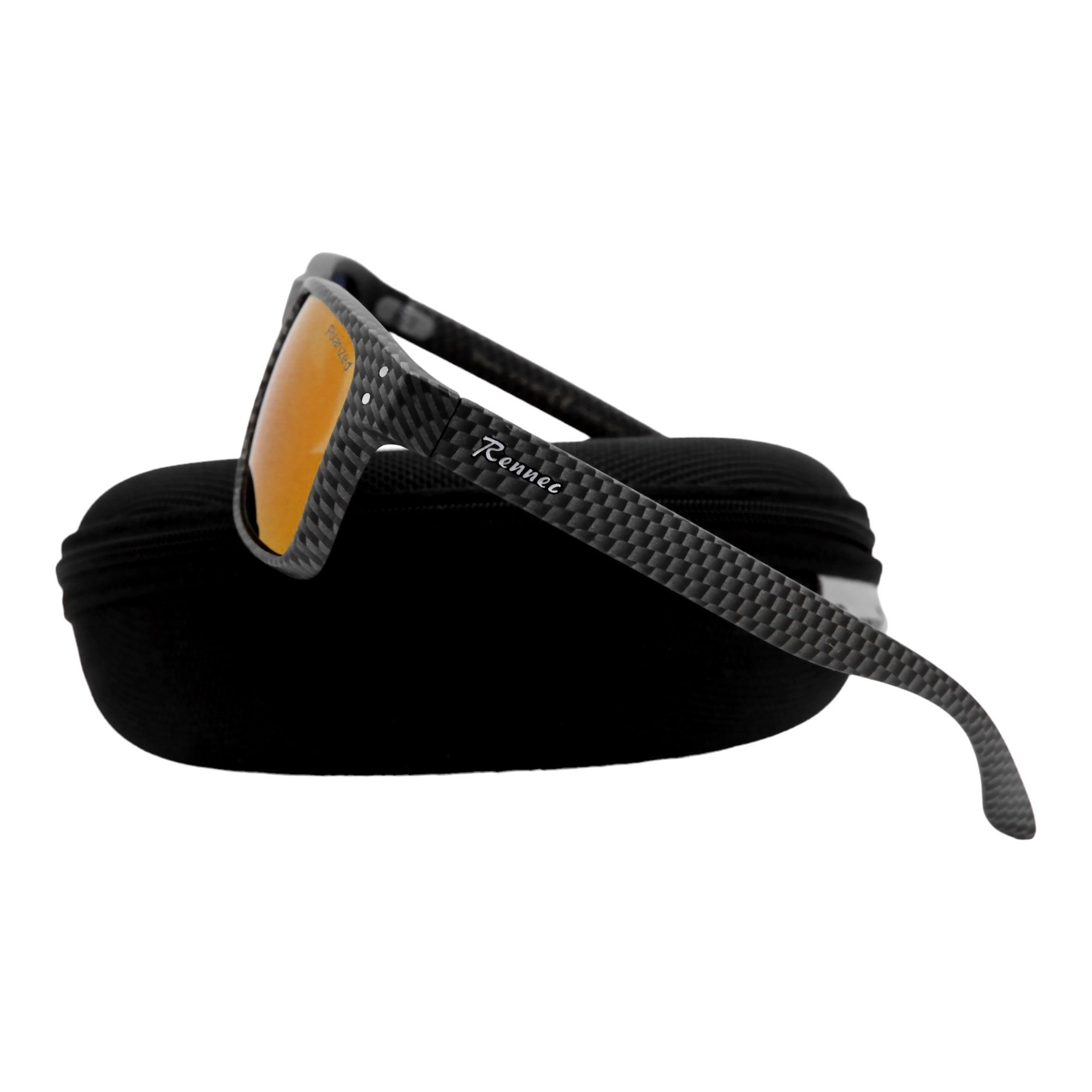 Rennec Sonnenbrille Herren Polarisiert Rechteckig Carbon Optik mit Hardcase Gläser UV400 Getönt oder Verspiegelt, Edelstahl Bügelgelenke 3in2