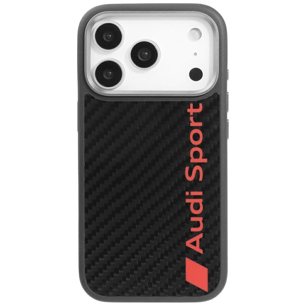 Audi Handyhülle iPhone 17 Pro Carbonfaser R8 MagSafe schwarz rot Logo 6,3 Zoll, Kantenschutz