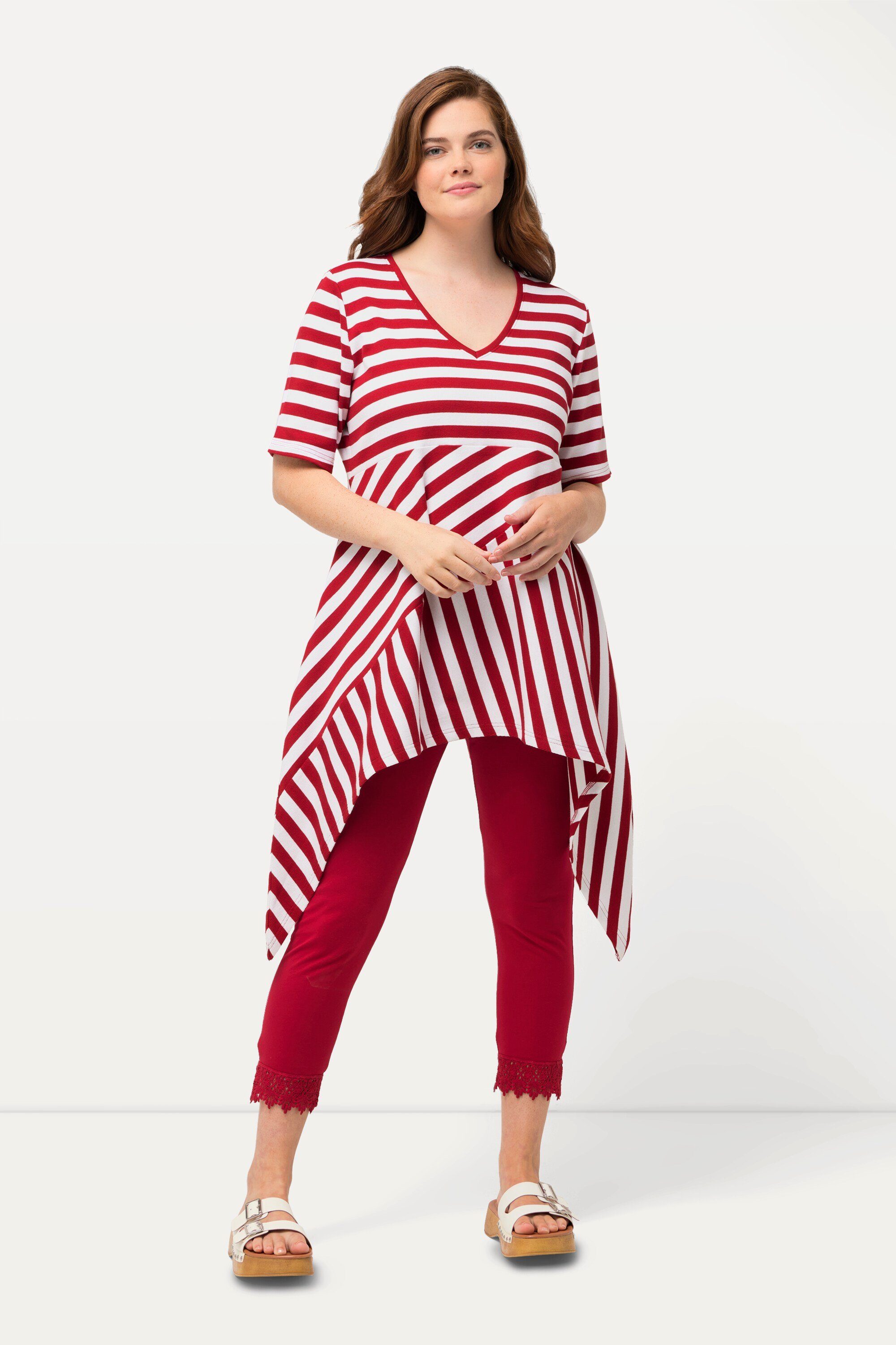 Ulla Popken Longshirt T-Shirt Ringel V-Ausschnitt Halbarm Biobaumwolle