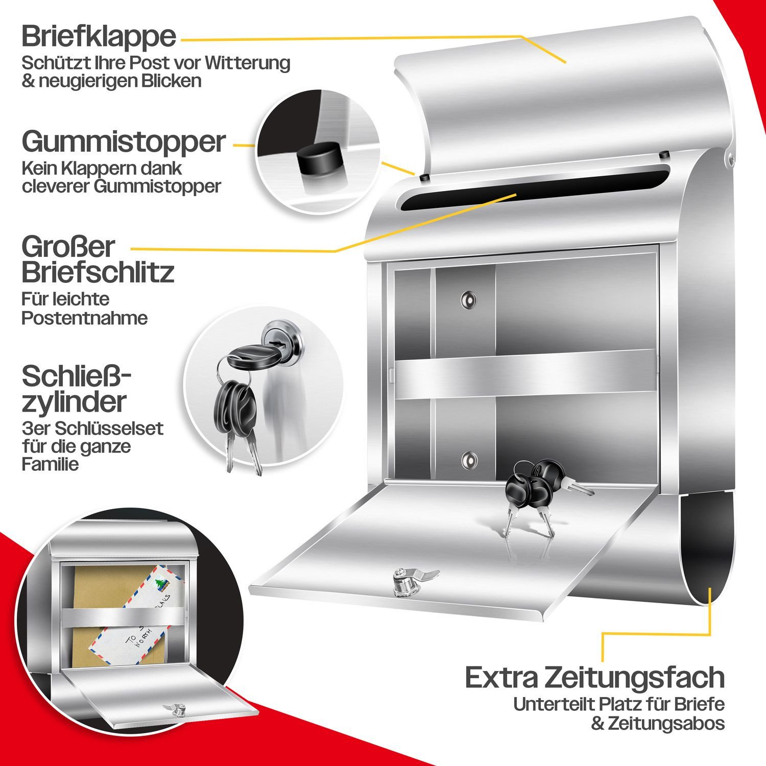 KESSER Briefkasten XXL Wandbriefkasten aus Edelstahl mit Zeitungsfach & 3 Schlüssel, Wandmontage, abschließbar, inkl. Montagematerial