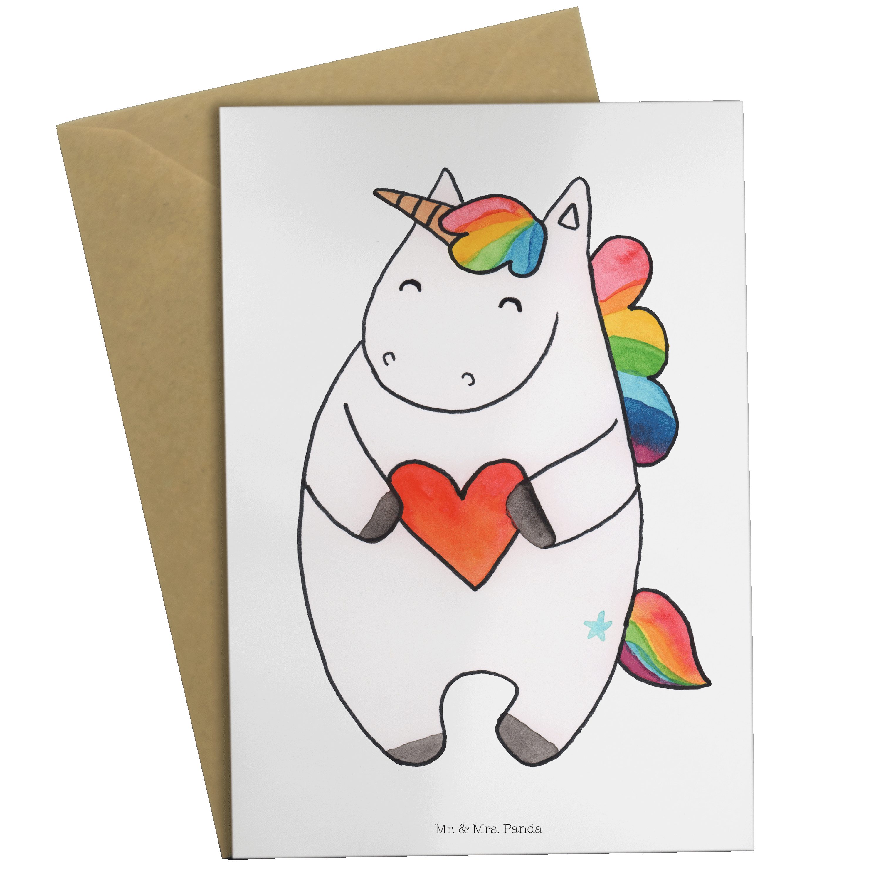 Mr. & Mrs. Panda Grußkarte Einhorn Herz - Weiß - Geschenk, Klappkarte, Glückwunschkarte, Geburts