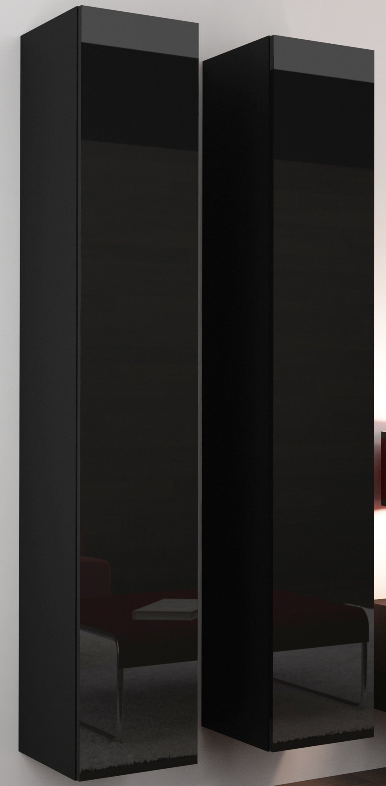 1xLowboard Push-to-Open, Design Hochglanzfronten, Schwarz/Schwarz Wohnmöbel, Wohnwand und Vago bestehend Stylefy Modern XIV, Hochglanz mit Wohnzimmer-Set), (Set aus (4-St), 3xHängeschrank,