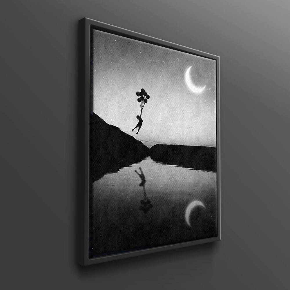 Junge DOTCOMCANVAS® Rahmen weißer grau Ballon Leinwandbild fliegen Ballon Mond Kid, Natur Kind schwarz wei Wandbild Fluss