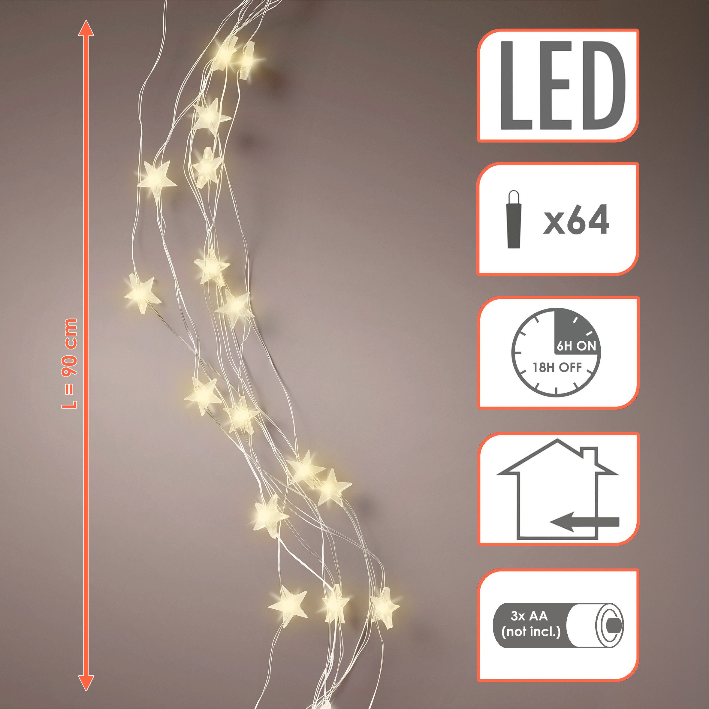 Spetebo LED-Lichterkette Draht Bündel warm weiß mit Sternen - 90 cm -, 64-flammig, mit integriertem Timer (6 Stunden AN / 18 Stunden aus) – Bild 2 von 4