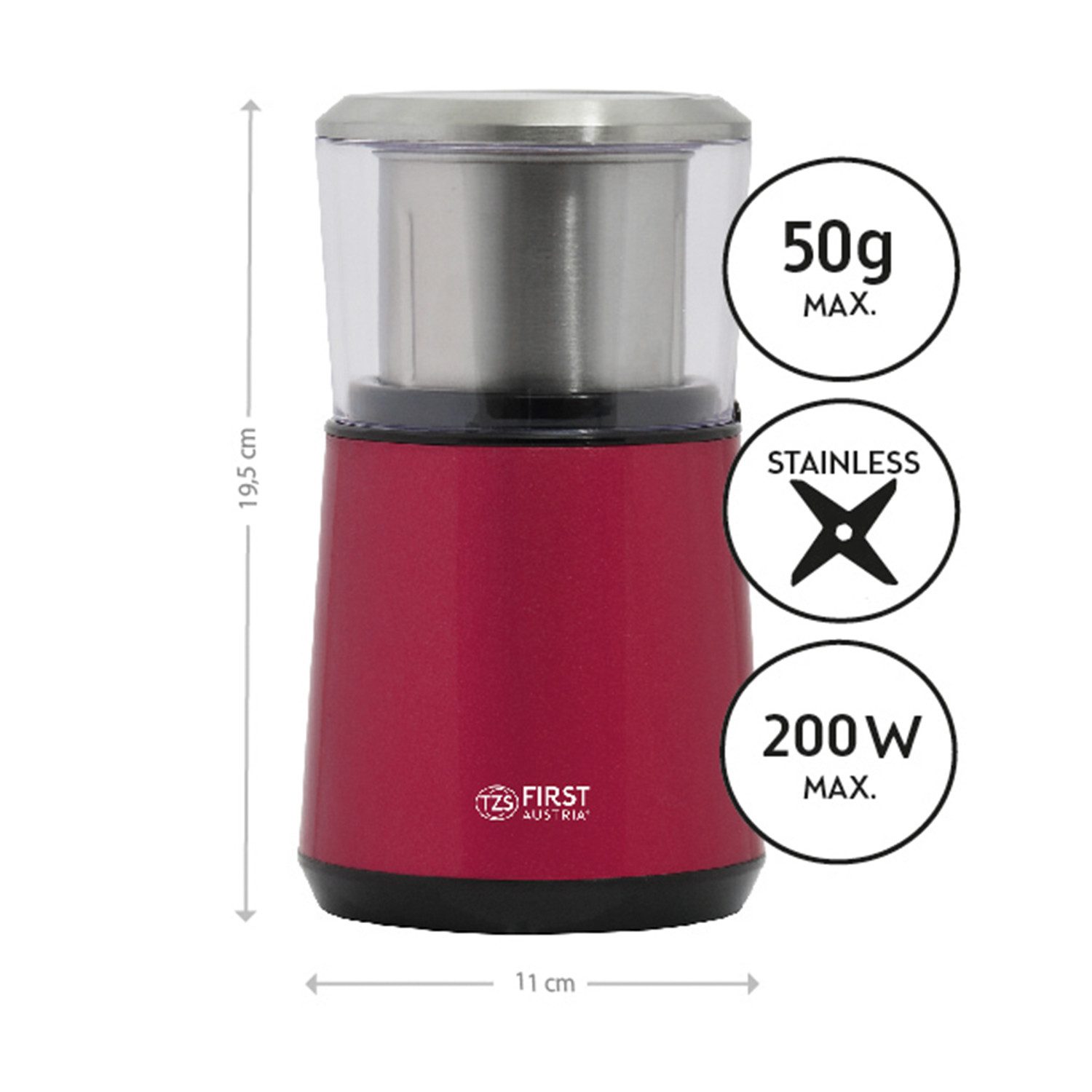 TZS FIRST AUSTRIA Kaffeemühle 2in1 elektrische Zerkleinerer für Kaffeebohnen, Gewürze 4 Klingen 200W, 200 W, 50 g Bohnenbehälter