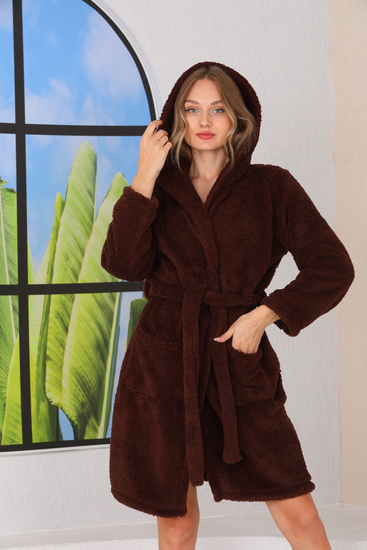 Bongual Bademantel Saunamantel Flausch Morgenmantel, Gürtel, mit Kapuze