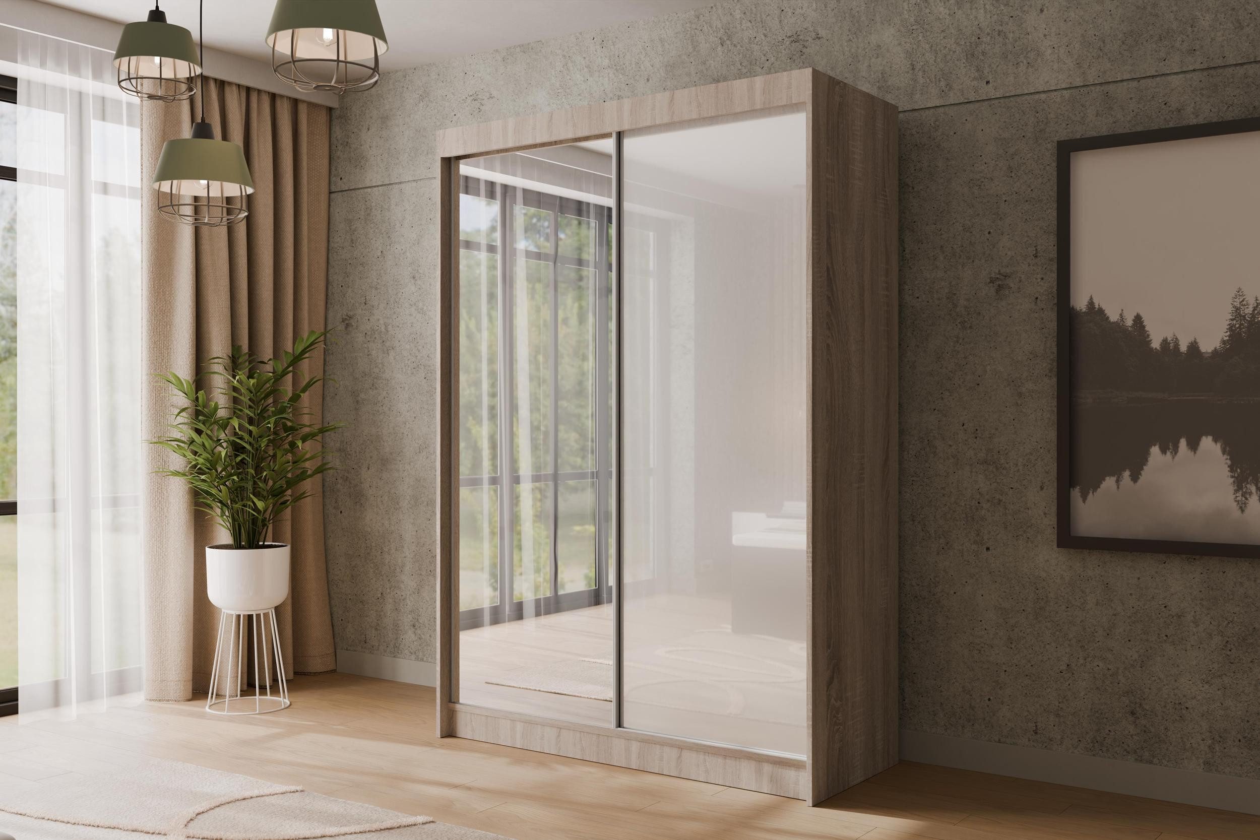 ALTDECOR Schiebetürenschrank VESLI (Kleiderschrank Garderobenschrank mit viel Stauraum Moderner Schrank) Spiegel Spiegeltüren Vielseitiger Schwebetürenschrank LED Beleuchtung