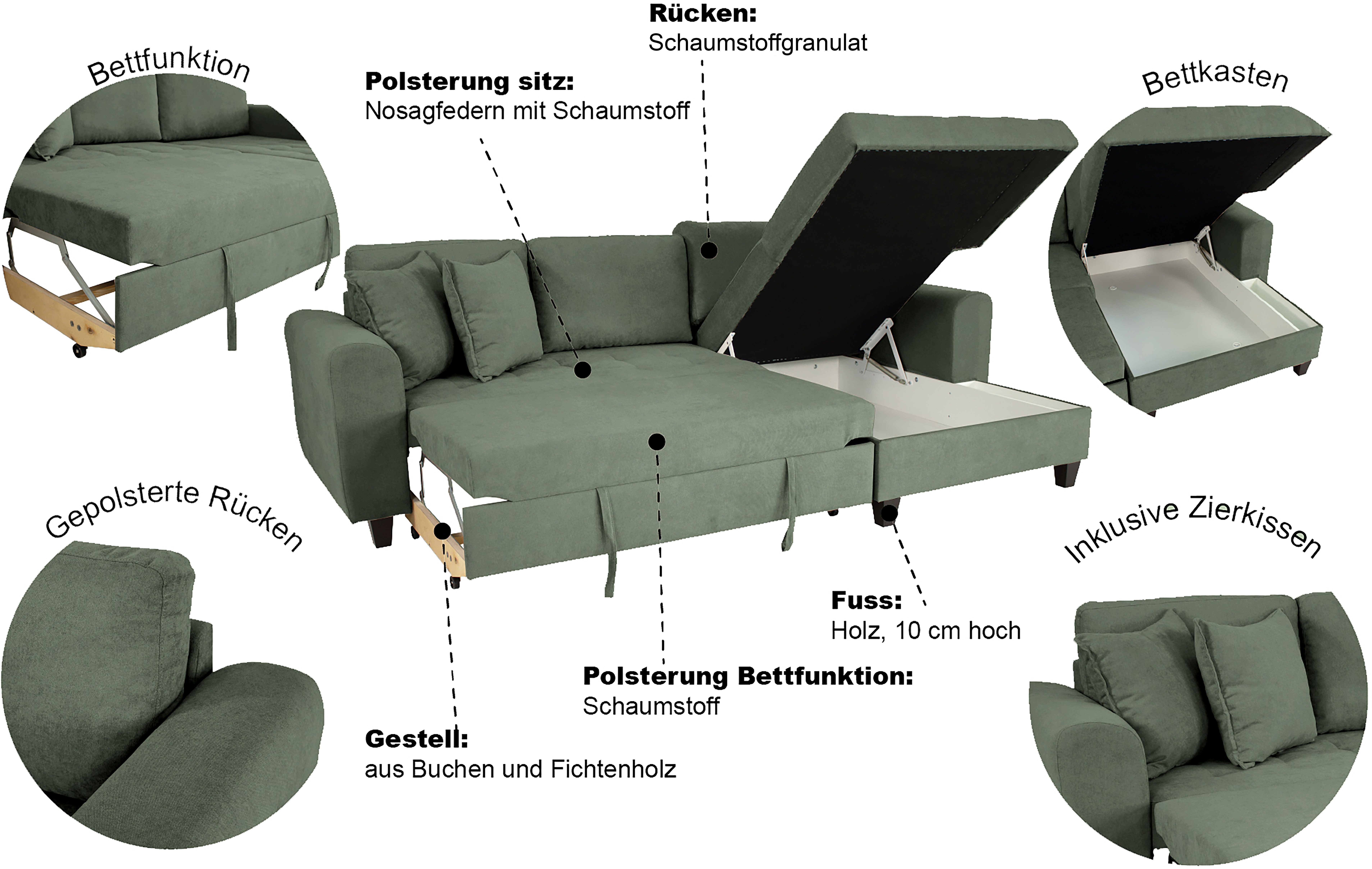 Trends by HG Ecksofa Moritz L-Form, B: 265 cm, mit Schlaffunktion, Bettkasten & Zierkissen
