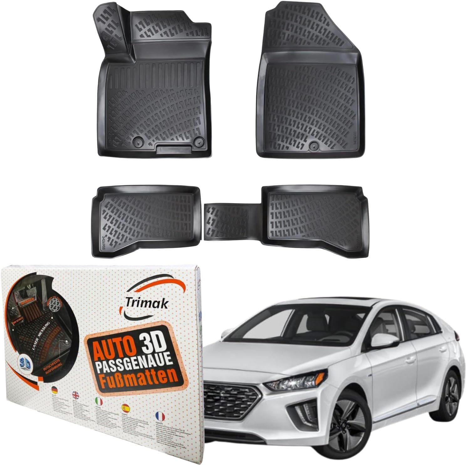 Trimak Passform-Fußmatten Oder Kofferraumwanne Oder Set für Hyundai IONIQ, Hyundai IONIQ Hybrid 2016-2022 Gummimatten Auto TPE Allwetter