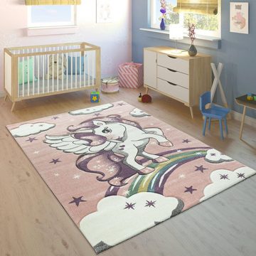 Kinderteppich Cosmo 213, Paco Home, rechteckig, Höhe: 12 mm, 3D-Design, Motiv Einhorn & Regenbogen, Kinderzimmer