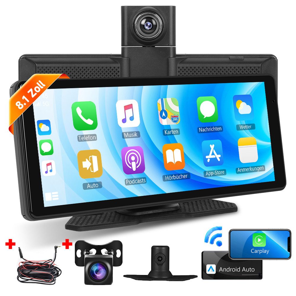 Wireless CarPlay Android Auto,8,1" Tragbare Autoradio mit 2,5K Dashcam Autoradio