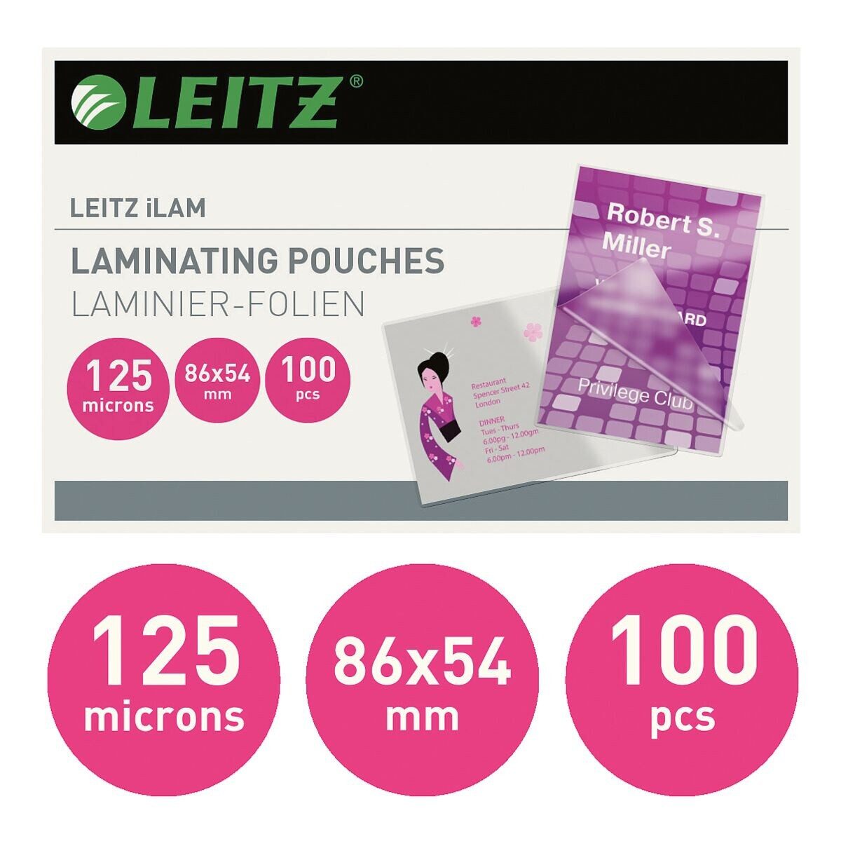 LEITZ Laminierfolie iLAM, 125 µm, 100 St., 86x54 mm, 125 mic, glänzend