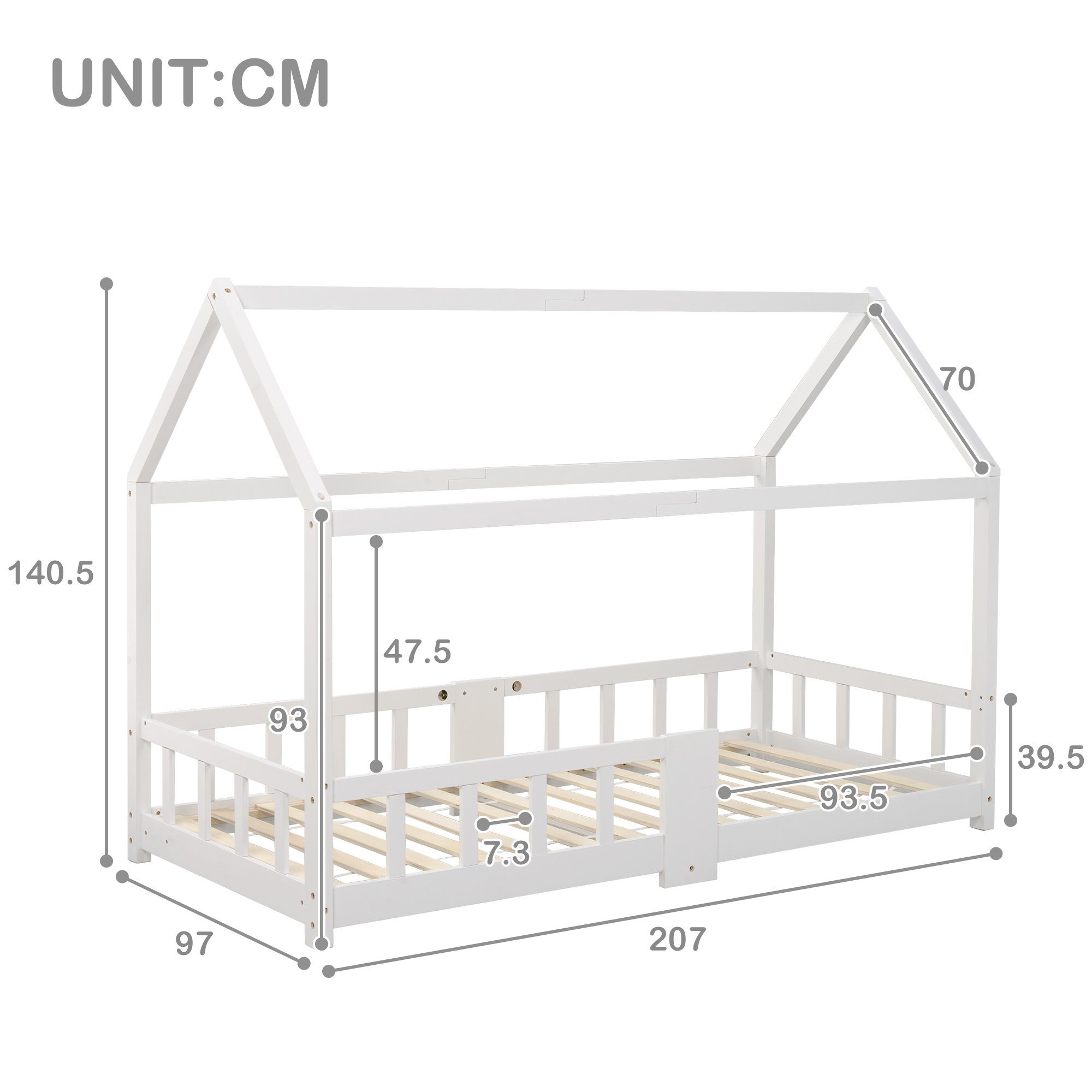 Massivholzbett Hausbett Tafel Kiefer Weiß Kinderbett 90x200cm Flieks mit (1-tlg),