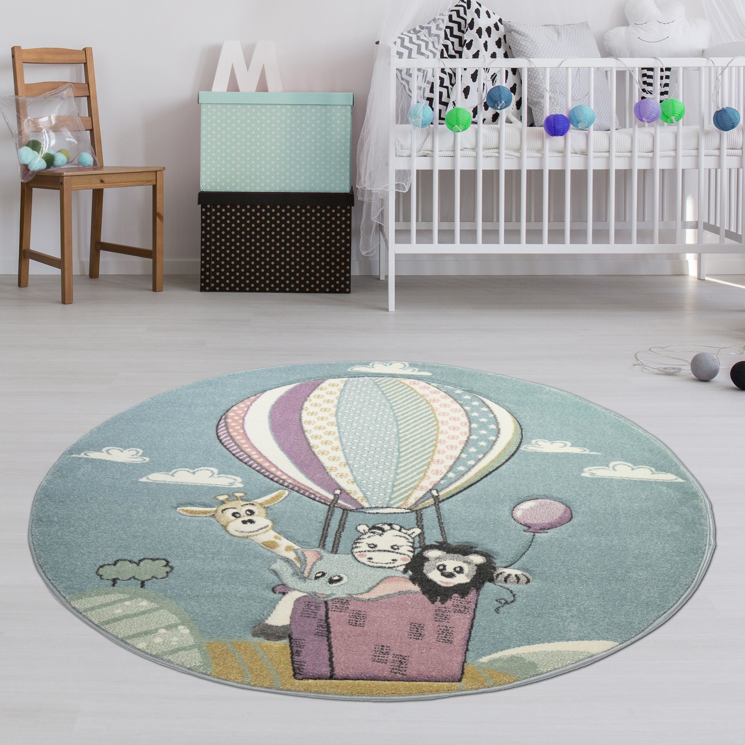 TeppichHome24 Kinderteppich Kinderteppich Heißluftballon Tiere in pastell blau, Rund, Höhe: 1.3 mm