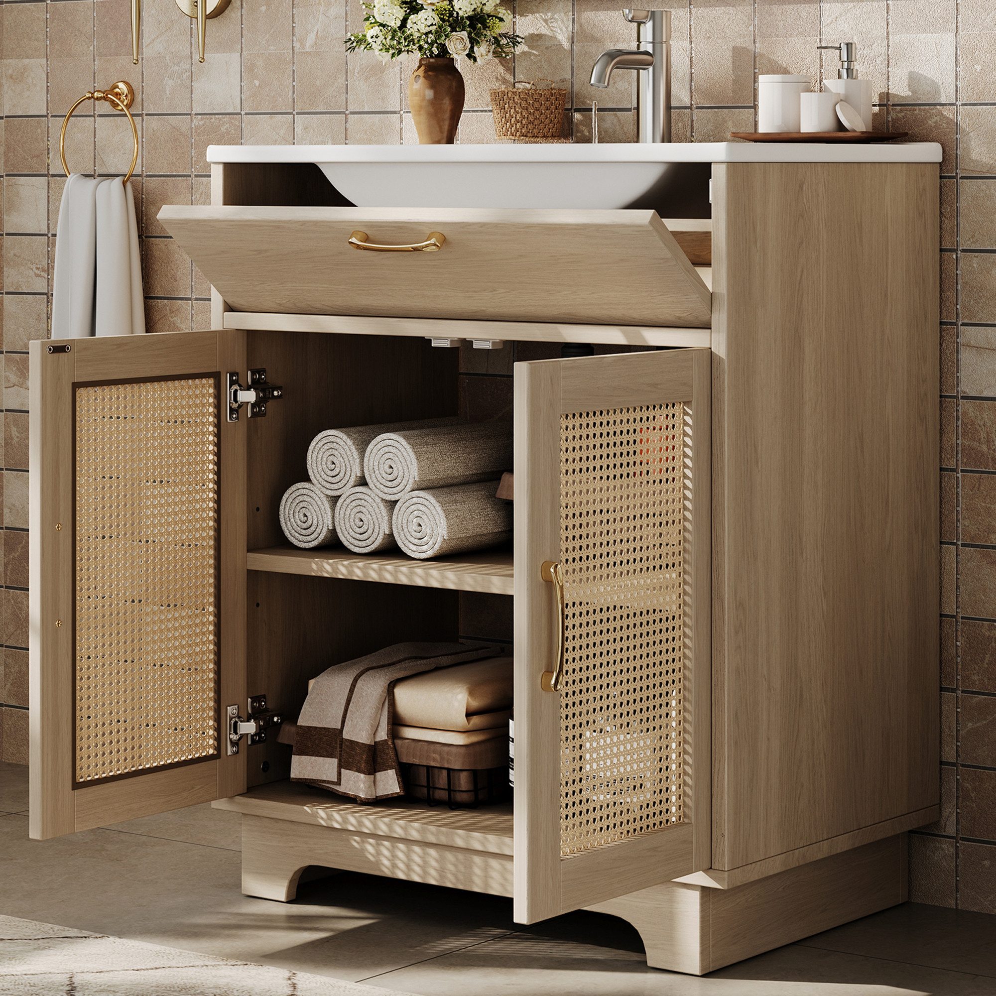 Flieks Waschtisch mit Doppeltüren Rattan, Klappen und verstellbarer Einlegeböden Natur (bodenstehend, Badzimmerschrank mit Schubladenlift-Design und doppelten Soft-Close-Türen, 1-St., B76/T46/H88 cm), Waschbeckenunterschrank inkl. Waschbecken Badmöbel-Set Holzoptik