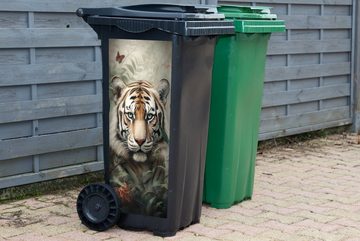 MuchoWow Wandsticker Tiger - Schmetterlinge - Tiere - Dschungel - Blumen (1 St), Mülleimer-aufkleber, Mülltonne, Sticker, Container, Abfalbehälter