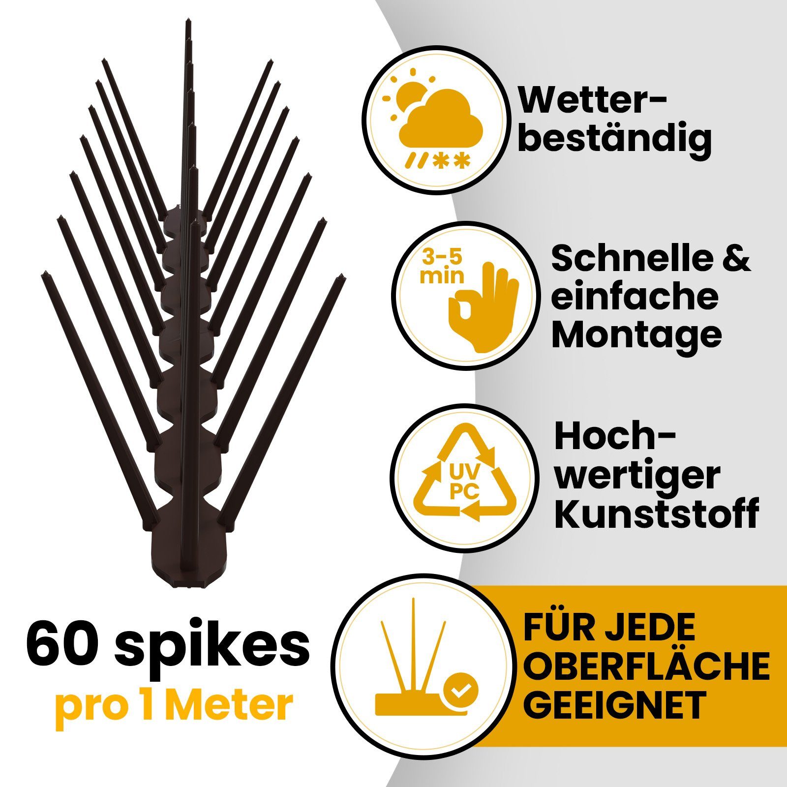 KONZEPT Taubenspikes Taubenabwehr für Balkon, Garten, Terasse - Vogelschreck 3-reihig, Set, 3-St., für Balkon, Fensterbank, Dachbalken - Tierfreundlich, 3 stk. x 33 cm