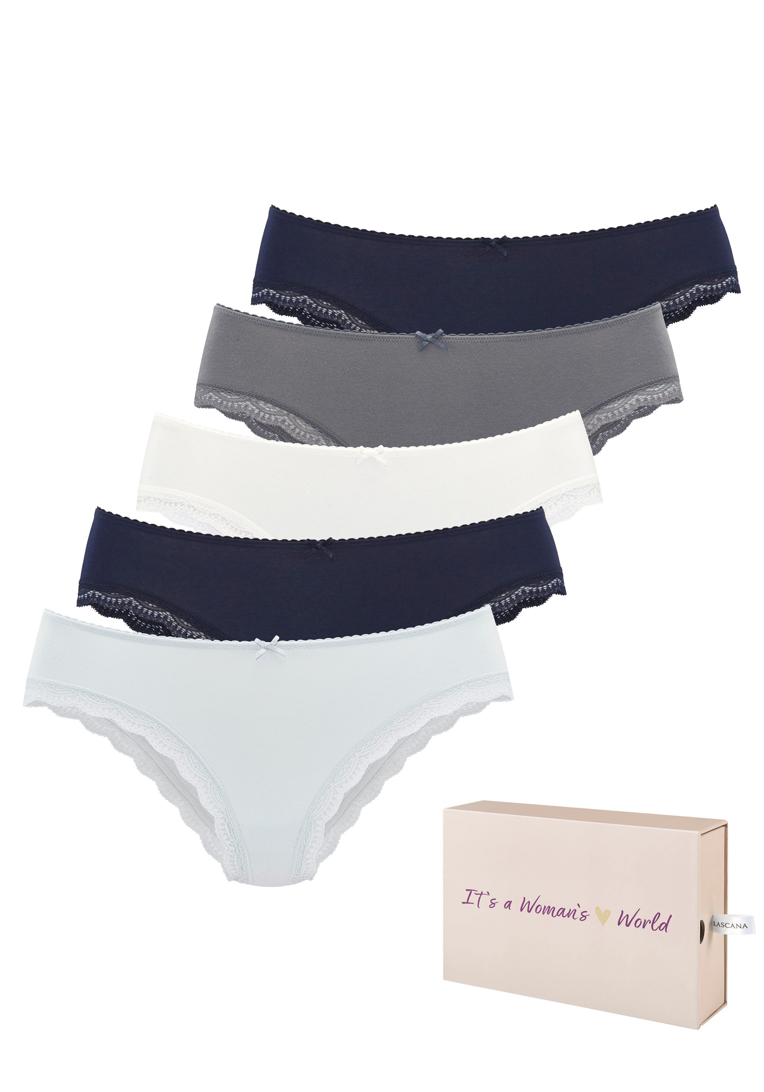 LASCANA Jazz-Pants Slips (5er-Pack) aus elastischer Baumwolle mit zarter Spitze, mit Aufbewahrungsbox