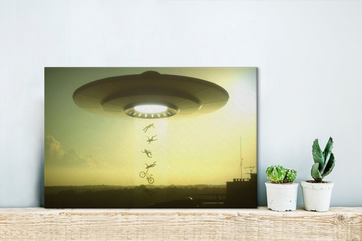 entführt UFOs, cm Jungen eines Eine das Mädchen, Illustration Wandbild Aufhängefertig, 30x20 Wanddeko, OneMillionCanvasses® - Menschen - Leinwandbild Leinwandbilder, (1 St),