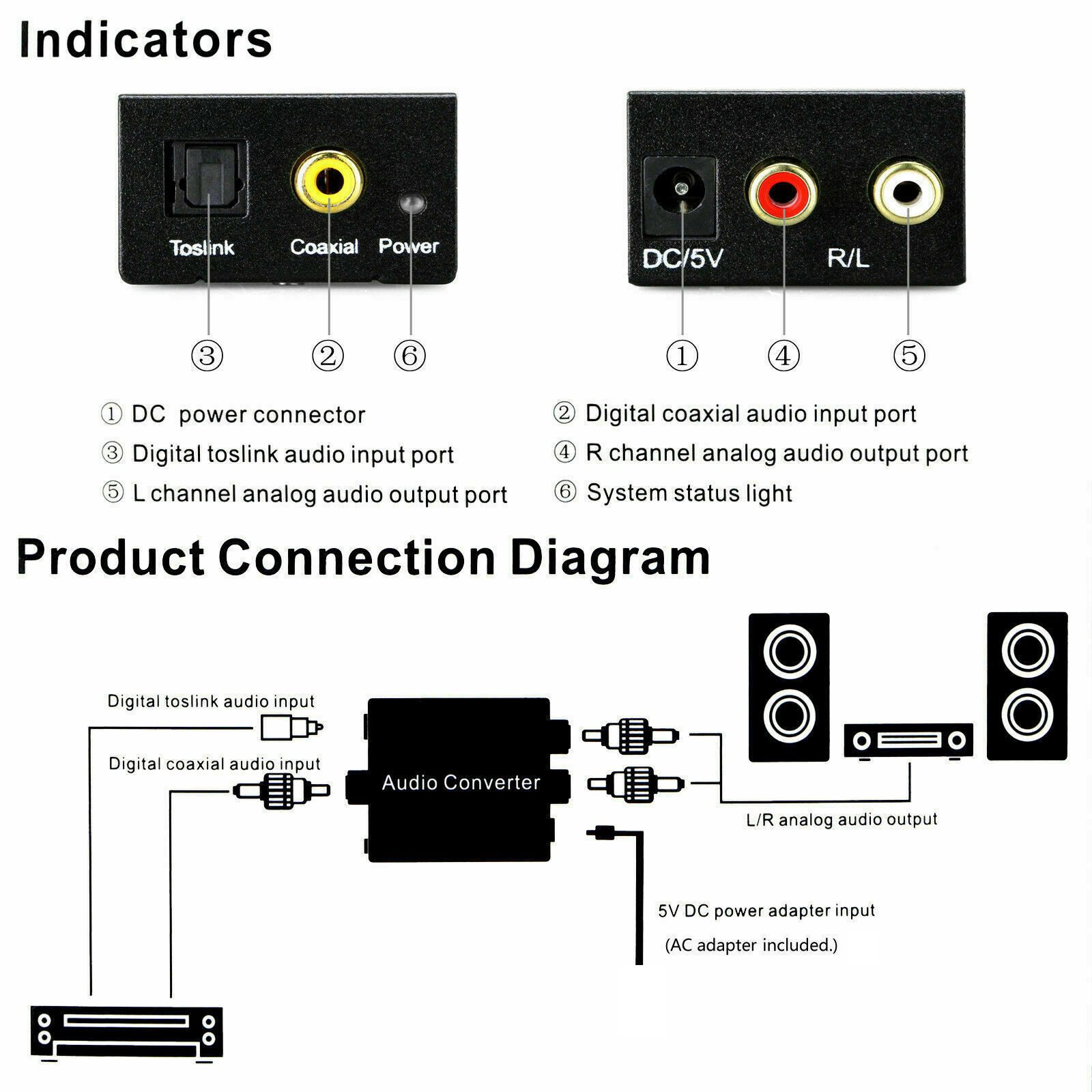 Bolwins D02C Digital-Analog Audio Konverter Toslink/Koax zu RCA Wandler Audio-Adapter Digital Koaxial (SPDIF, RCA), Digital Optisch (Toslink) zu 2x RCA (L/R) St – Bild 5 von 5